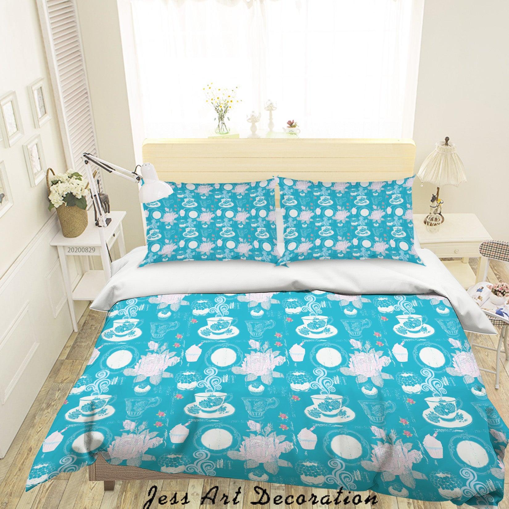 3D Abstract Hand Draw Cartoon Teacup Teapot Floral Pattern Quilt Cover Set Bedding Set Duvet Cover Pillowcases WJ 3572- Jess Art Decoration