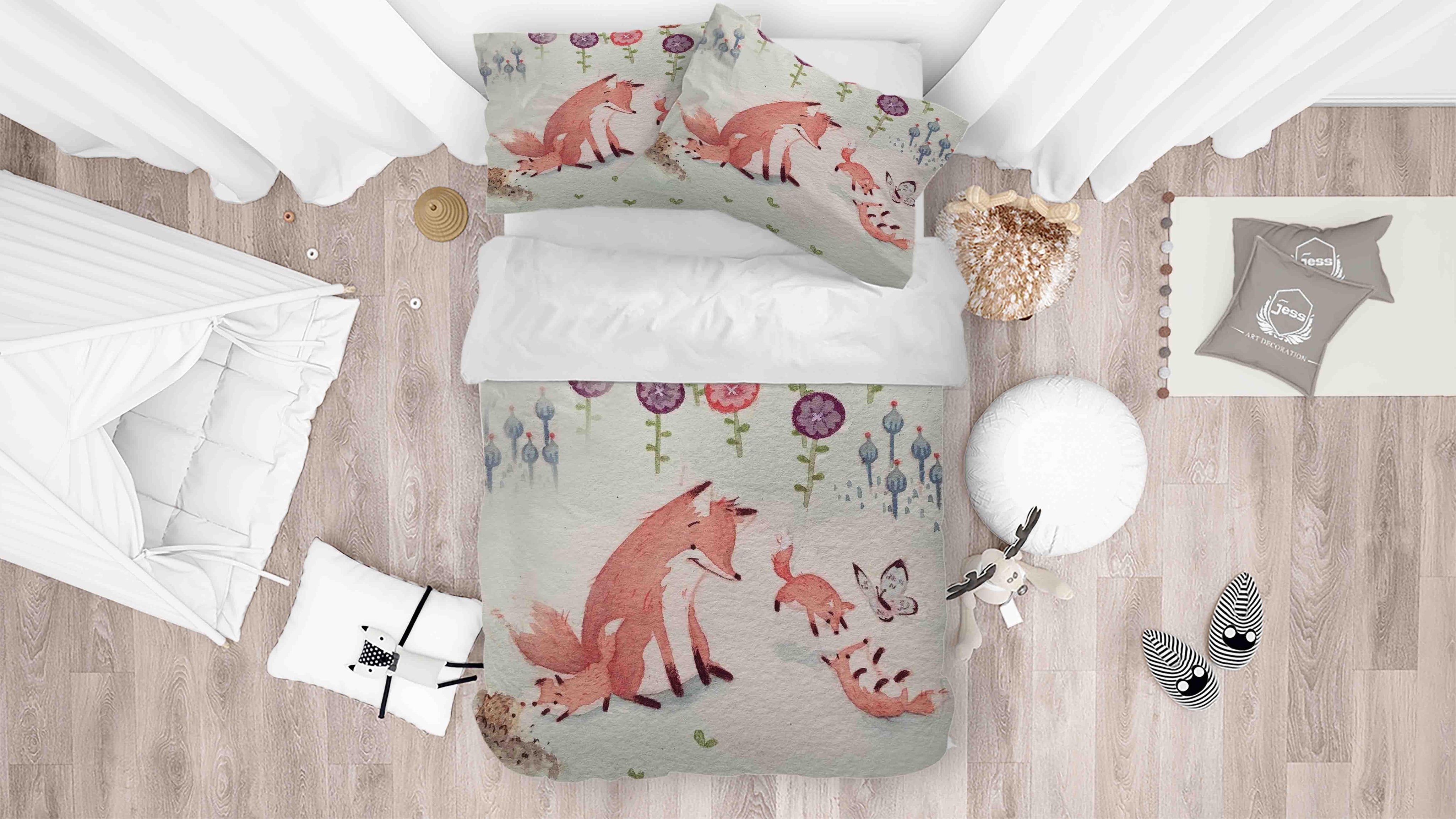 3D Watercolor Floral Fox Butterfly Quilt Cover Set Bedding Set Duvet Cover Pillowcases SF063- Jess Art Decoration