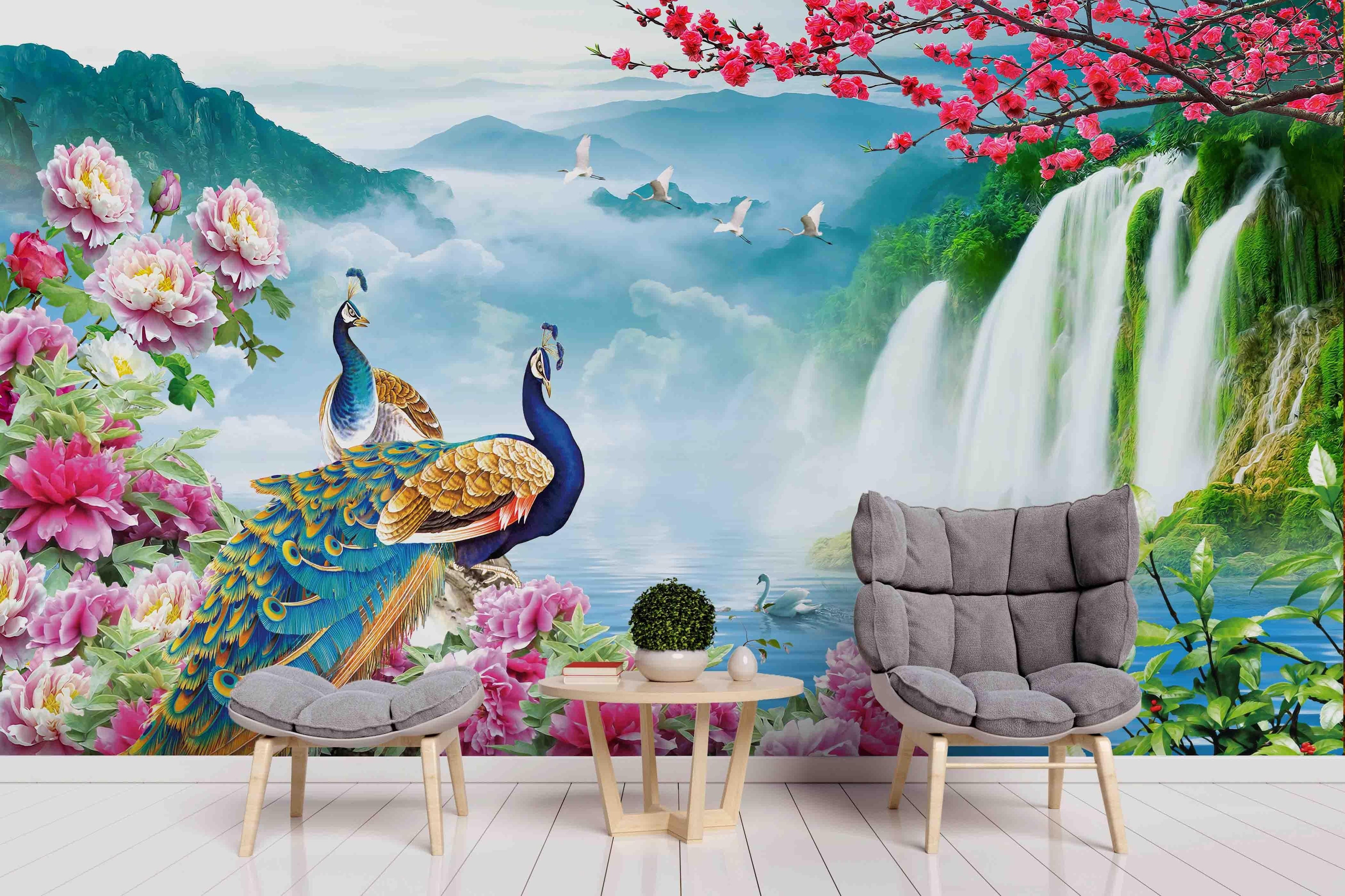3D Riches Honour Peacock Flowers Wall Mural Wallpaper 73- Jess Art Decoration