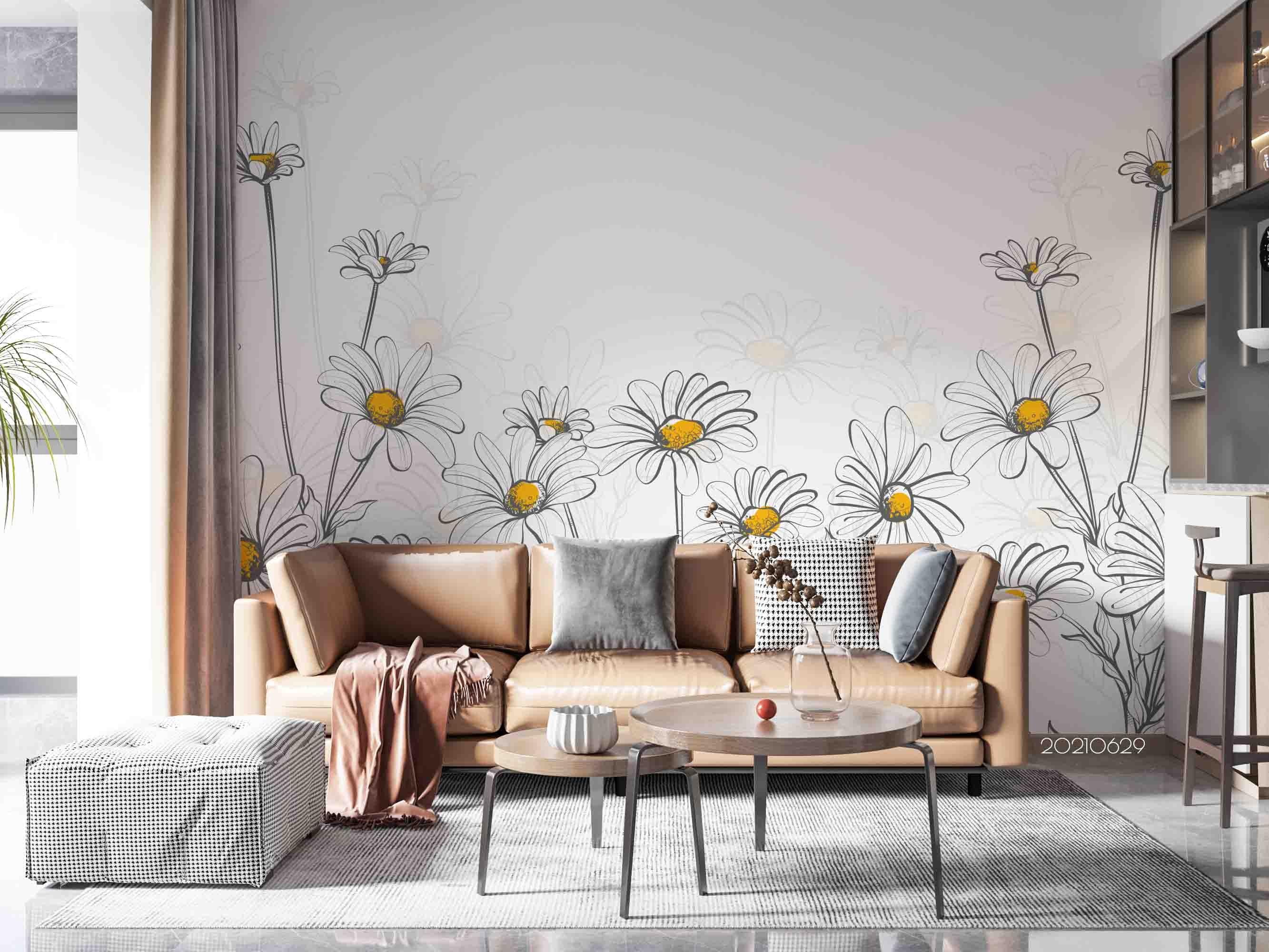 3D Hand Drawn White Chrysanthemum Wall Mural Wallpaper LQH 2- Jess Art Decoration
