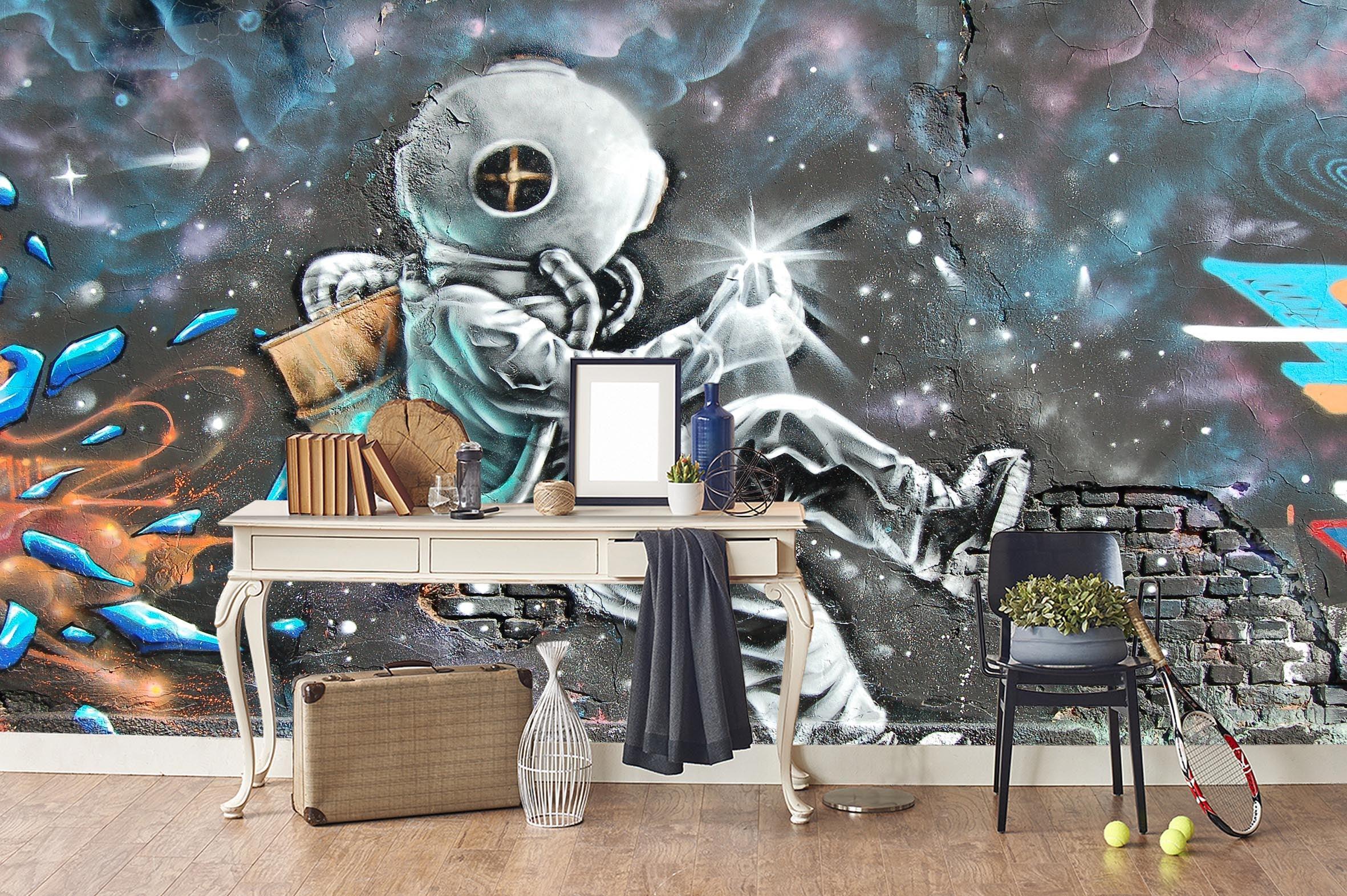 3D Grey Brick  Astronaut Crack Graffiti Wall Mural Wallpaper 177- Jess Art Decoration