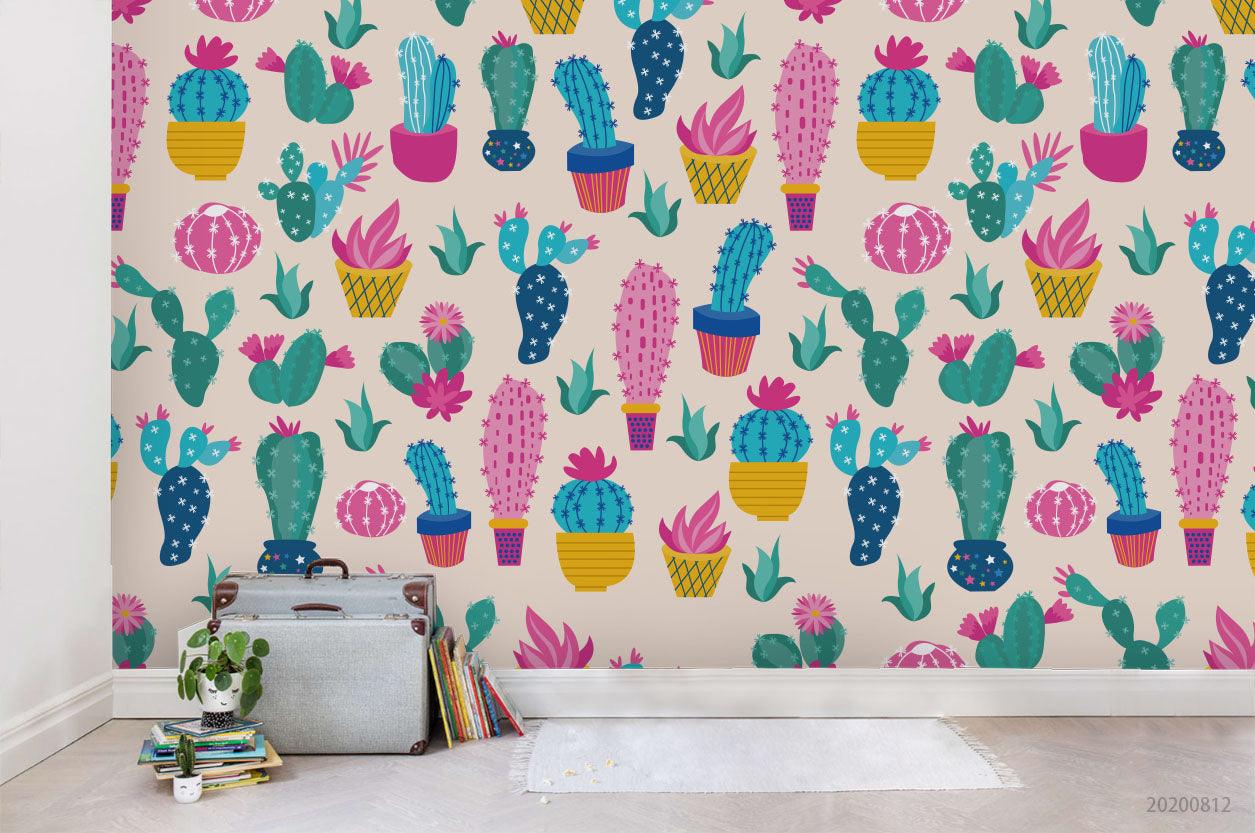 3D Cartoon Colorful Cactus Plant Wall Mural Wallpaper LXL 1114- Jess Art Decoration