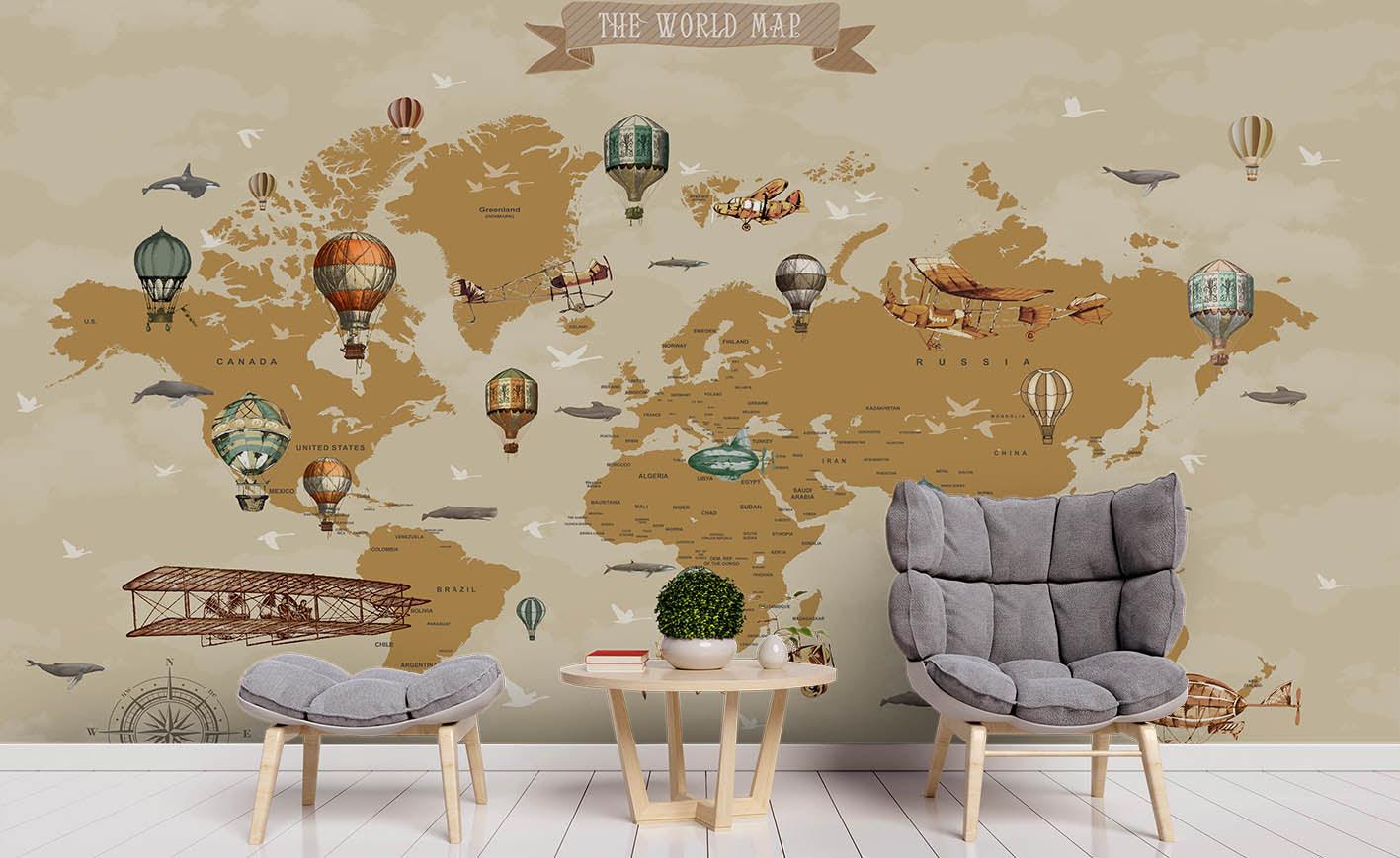 3D World Map Hot Air Balloon Wall Mural Wallpaper SF78- Jess Art Decoration