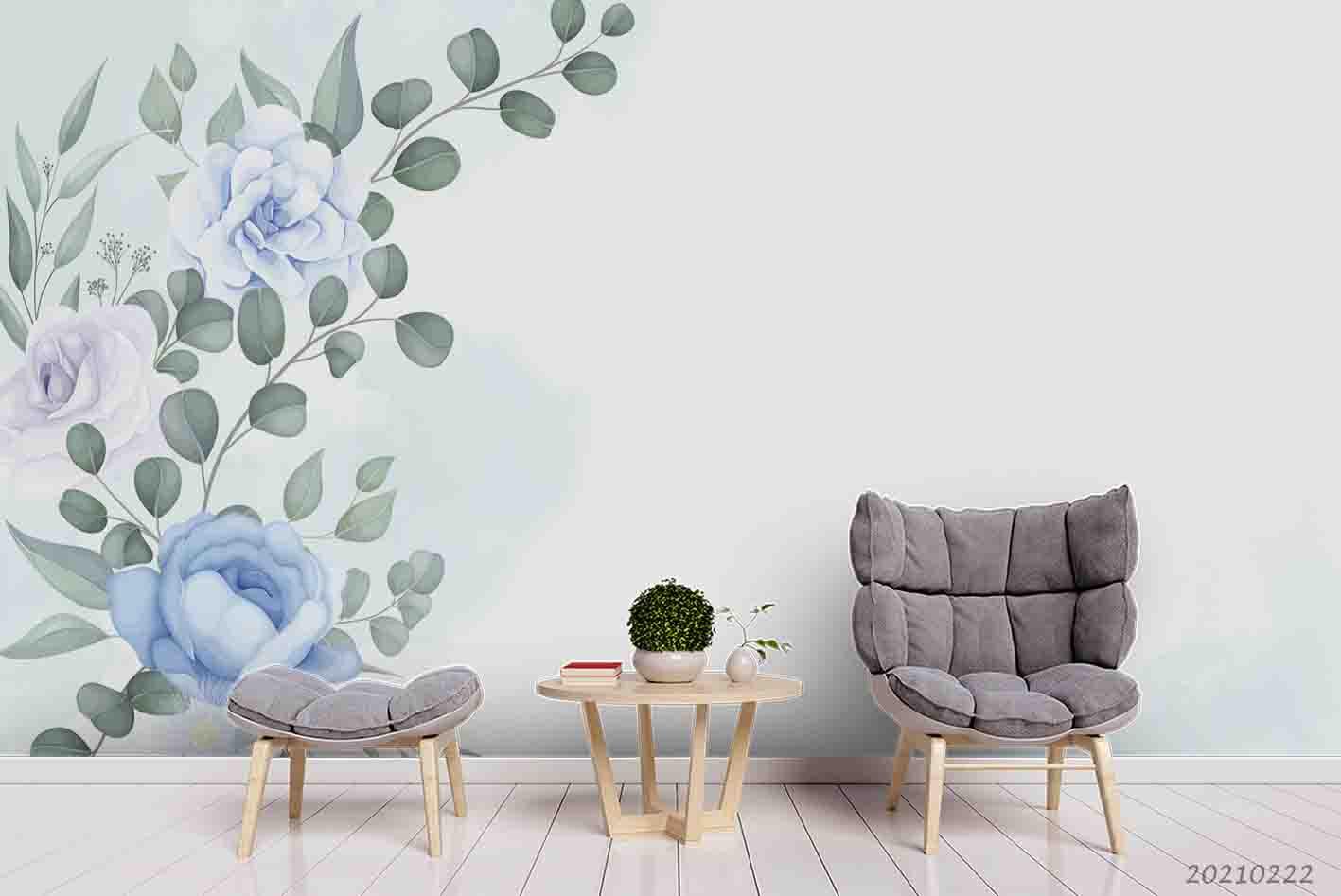 3D Watercolor Blue Floral Leaves Wall Mural Wallpaper LQH 133- Jess Art Decoration
