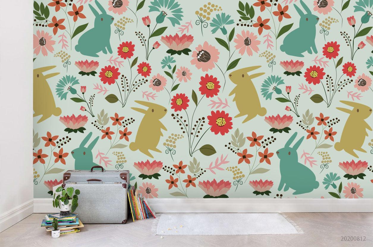 3D Cartoon Colorful Floral Bunny Wall Mural Wallpaper LXL 1115- Jess Art Decoration