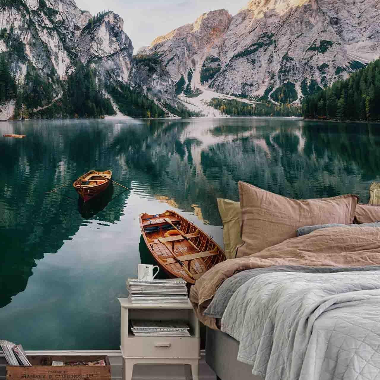 3D Mountains River Boat Wall Mural Wallpaper 67- Jess Art Decoration