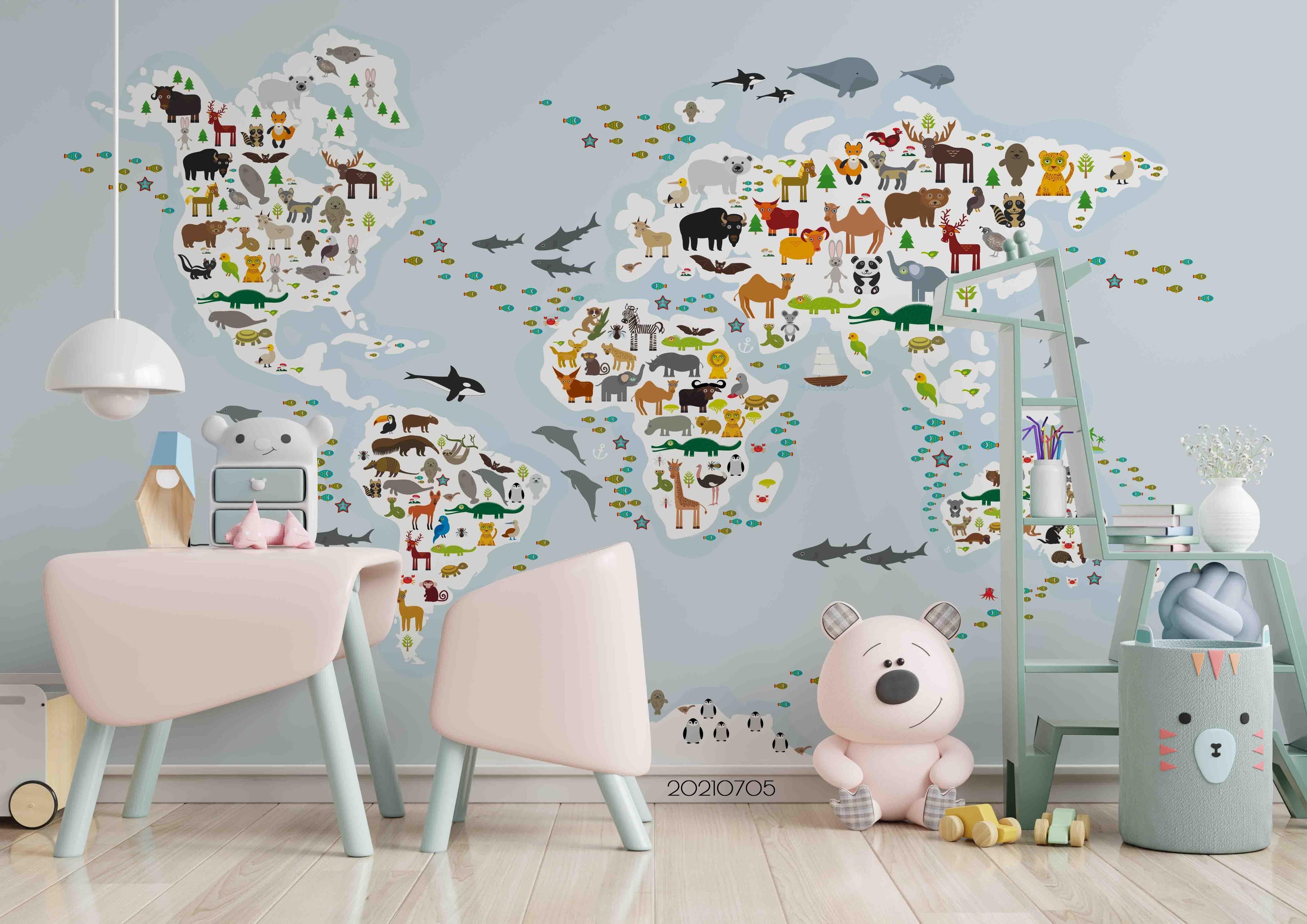 3D Cartoon World Map Animals Wall Mural Wallpaper LQH 92- Jess Art Decoration