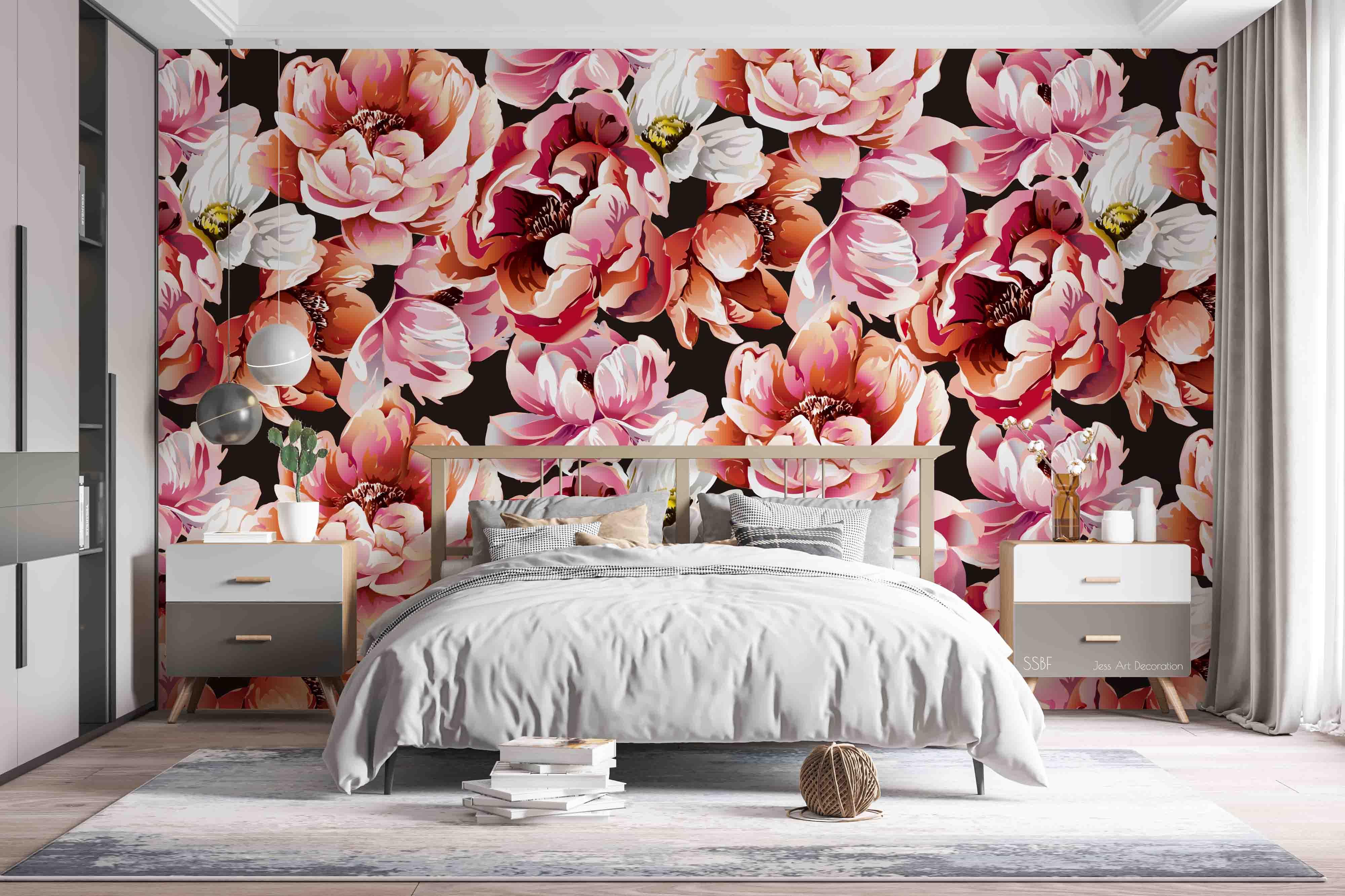 3D Vintage Baroque Art Blooming Pink Peony Watercolor Wall Mural Wallpaper GD 3569- Jess Art Decoration