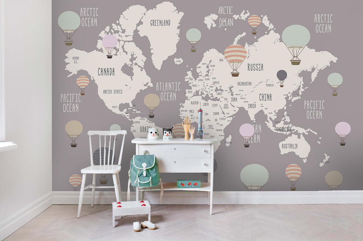 3D Cartoon Grey World Map Wall Mural Wallpaper LQH 91- Jess Art Decoration