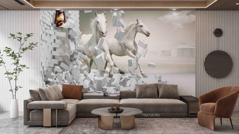3D Stereo White Horse Brick Wall Mural WallpaperSWW5136- Jess Art Decoration