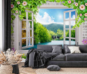 3D Window Landscape Lake Mountain Forest Wall Mural Wallpaper GD 1781- Jess Art Decoration