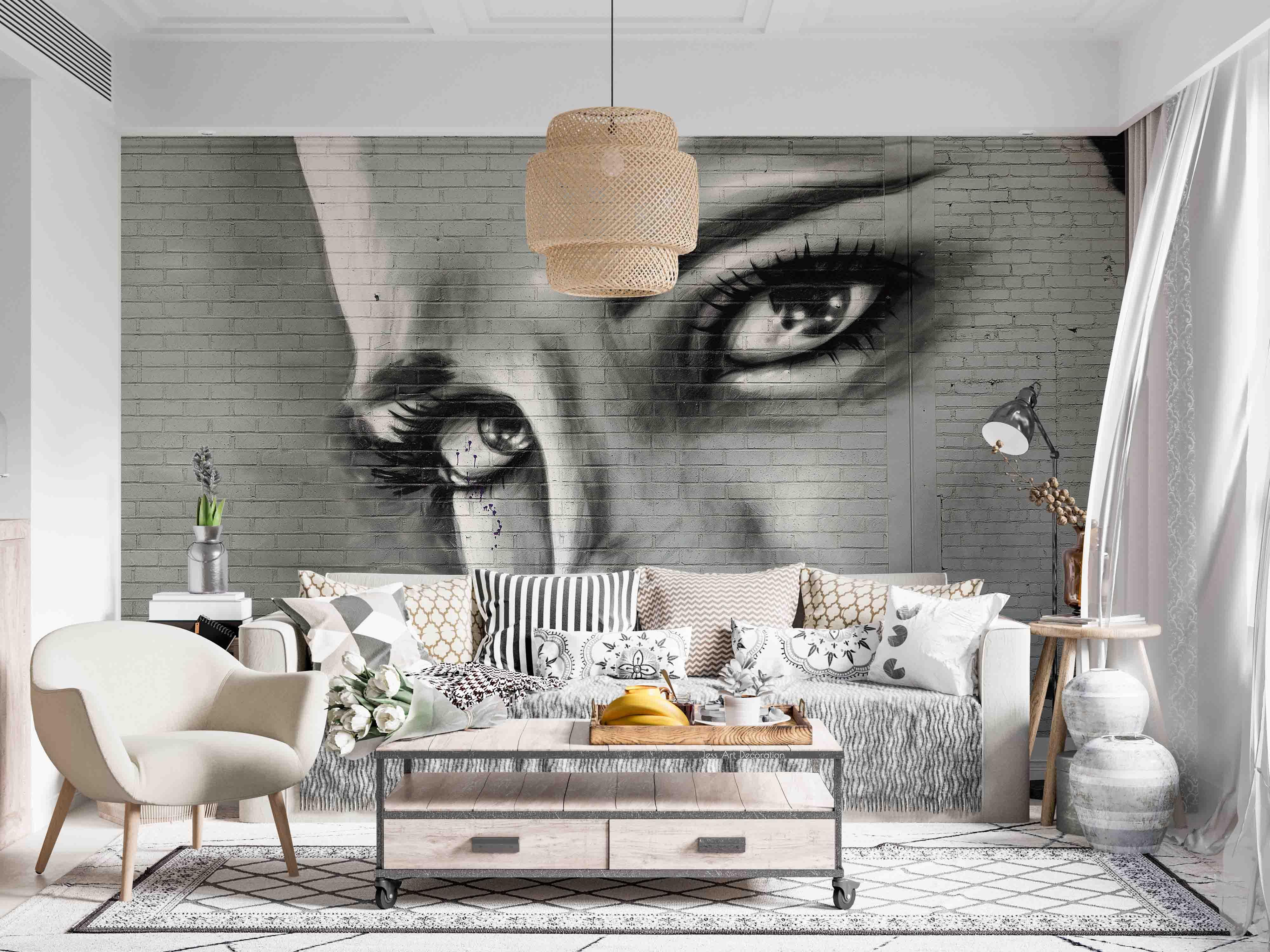 Graffiti Brick Wall Female Face Wallpaper portrait street art wall mural for bedroom or creative studio