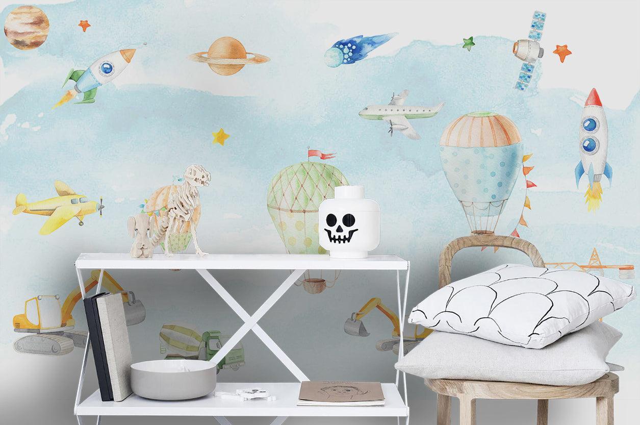 3D Cartoon Airplane Hot Air Balloon Wall Mural Wallpaper LQH 19- Jess Art Decoration