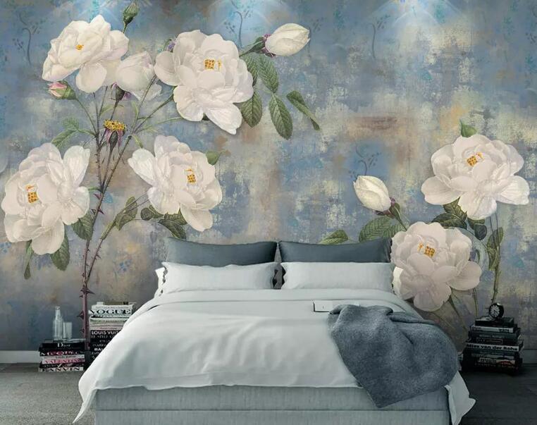 3D Oil Painting White Floral Wall Mural Removable 104- Jess Art Decoration