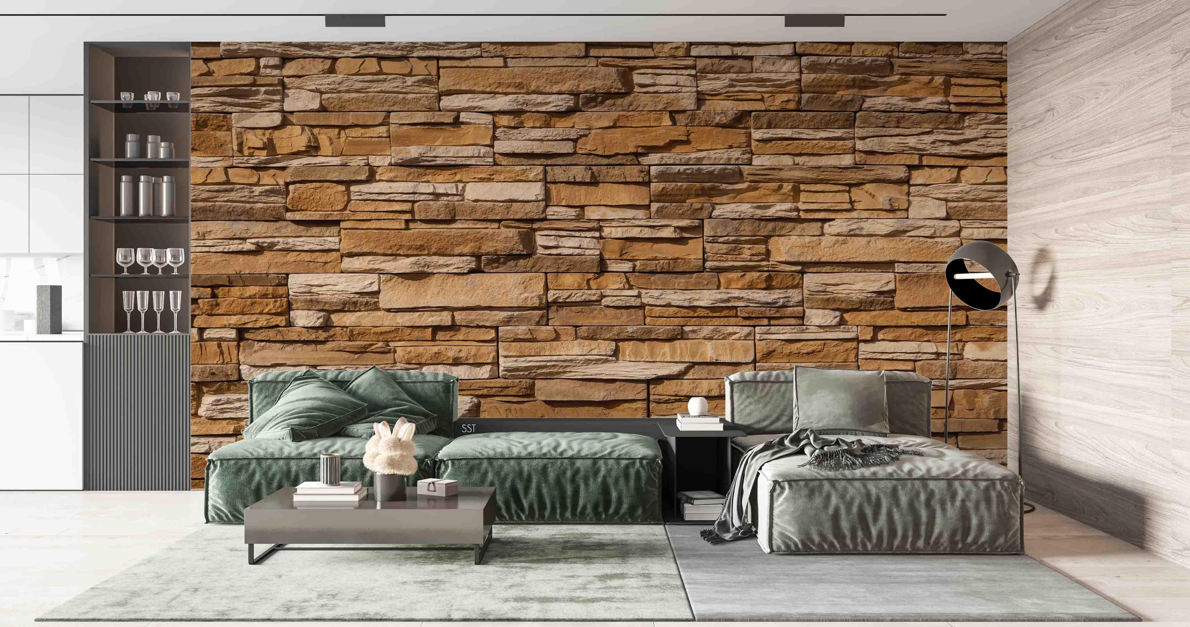 3D Stacked Stone Wall rustic stacked stone texture wall mural wallpaper for living room