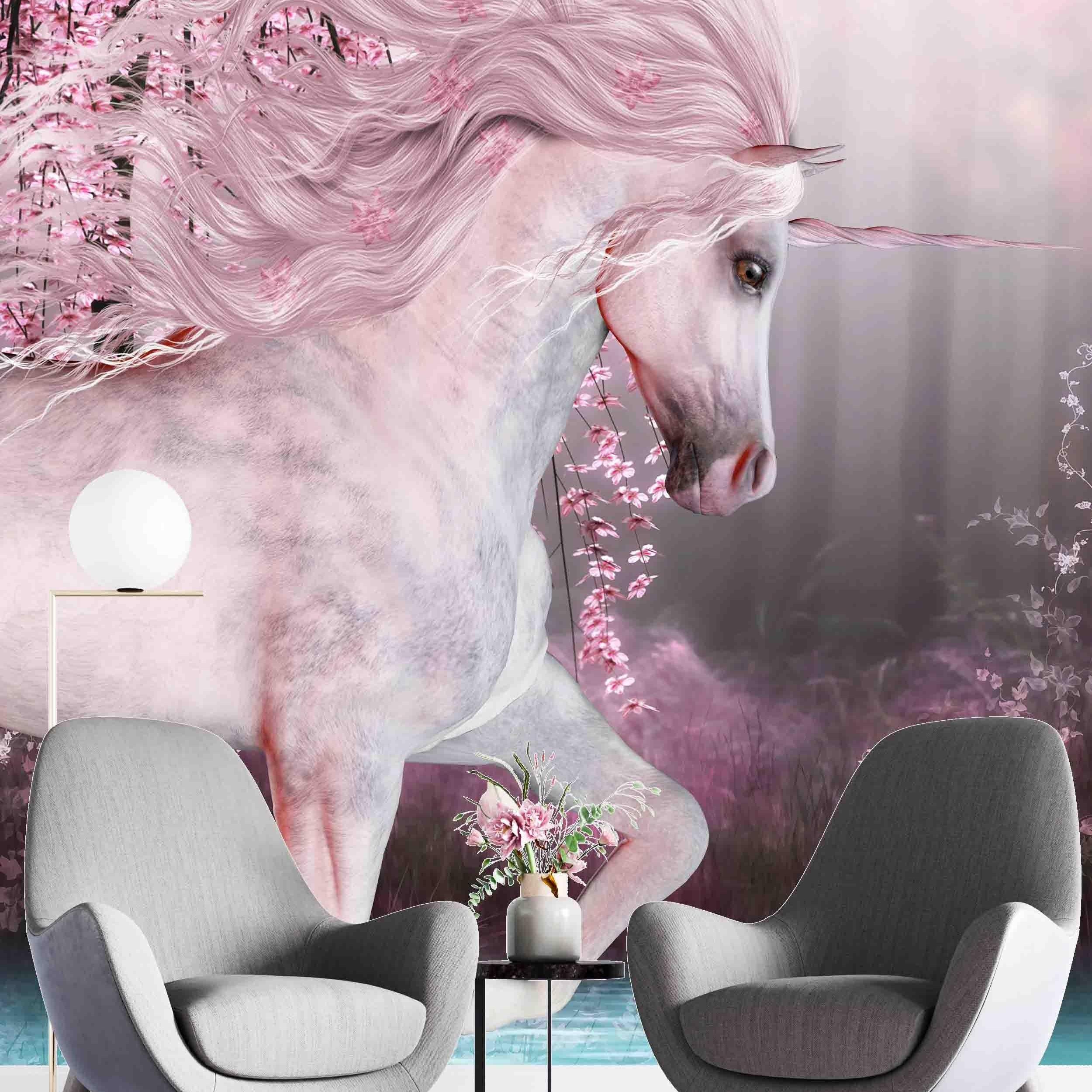 3D Noble Mysterious White Unicorn Pink Flower Wall Mural Wallpaper ZY D60- Jess Art Decoration