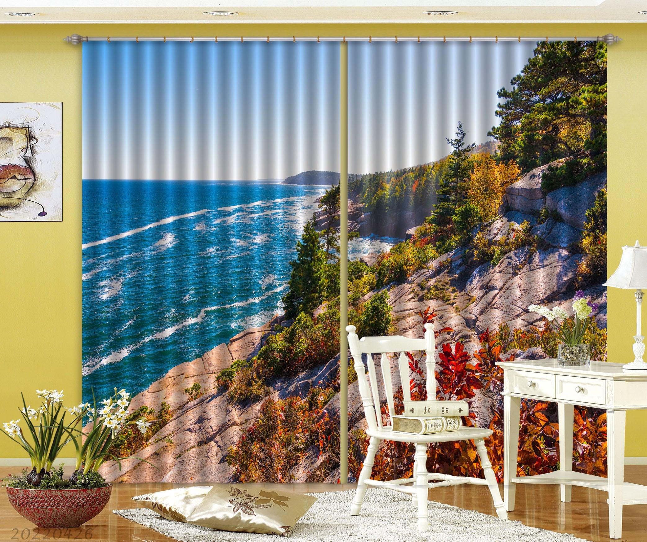 3D Landscape Mountain Rock Woods Blue Sea Curtains and Drapes GD 4903- Jess Art Decoration