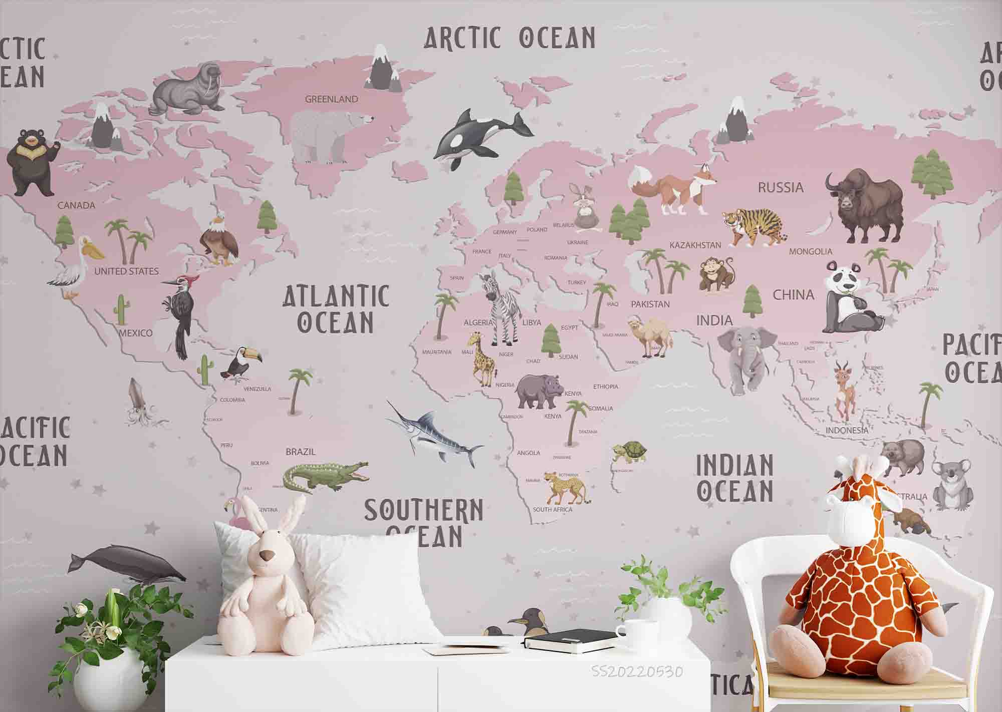 3D World Map Cartoon Animal Pink Wall Mural Wallpaper GD 42- Jess Art Decoration