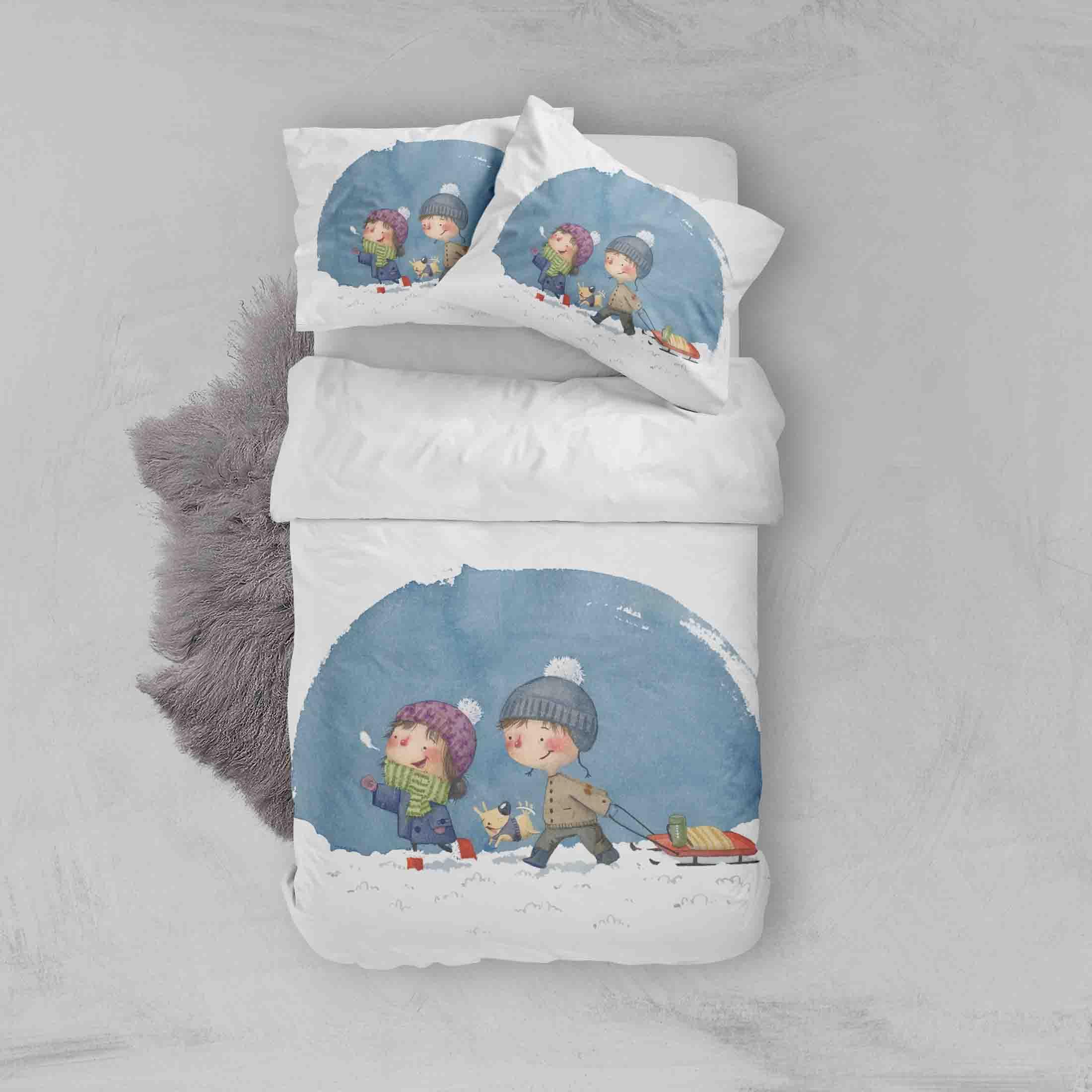 3D White Blue Cartoon Child Kid Dog Snow Winter Quilt Cover Set Bedding Set Duvet Cover Pillowcases SF059- Jess Art Decoration