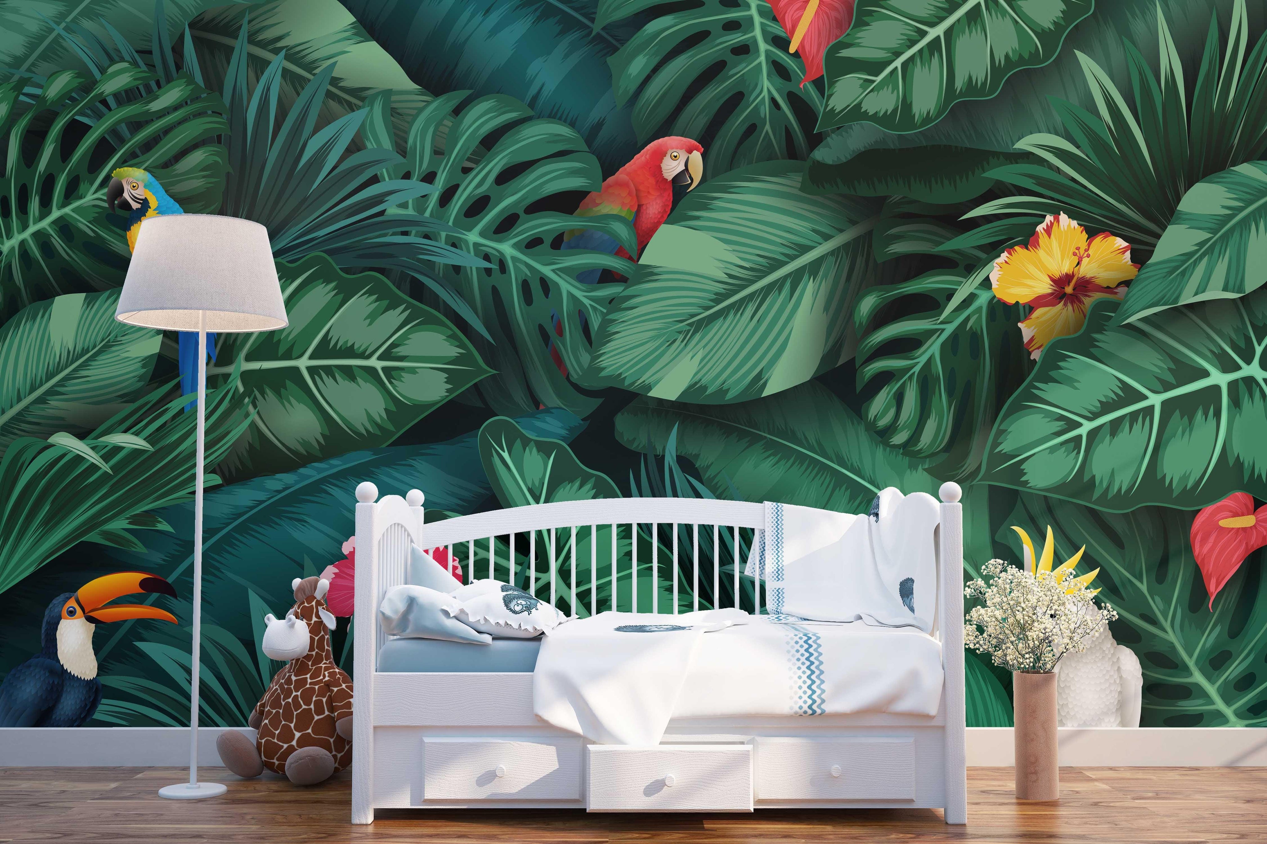 3D Green leaf Parrot Wall Mural Wallpaper 5- Jess Art Decoration