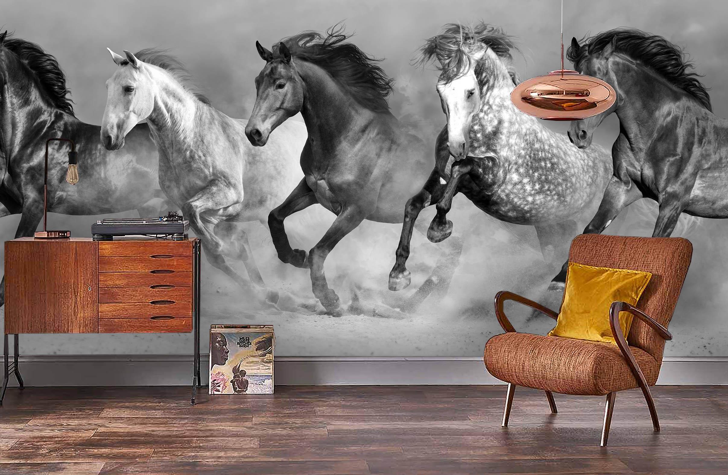 3D Black White Horse Gallop Wall Mural Wallpaper 145- Jess Art Decoration
