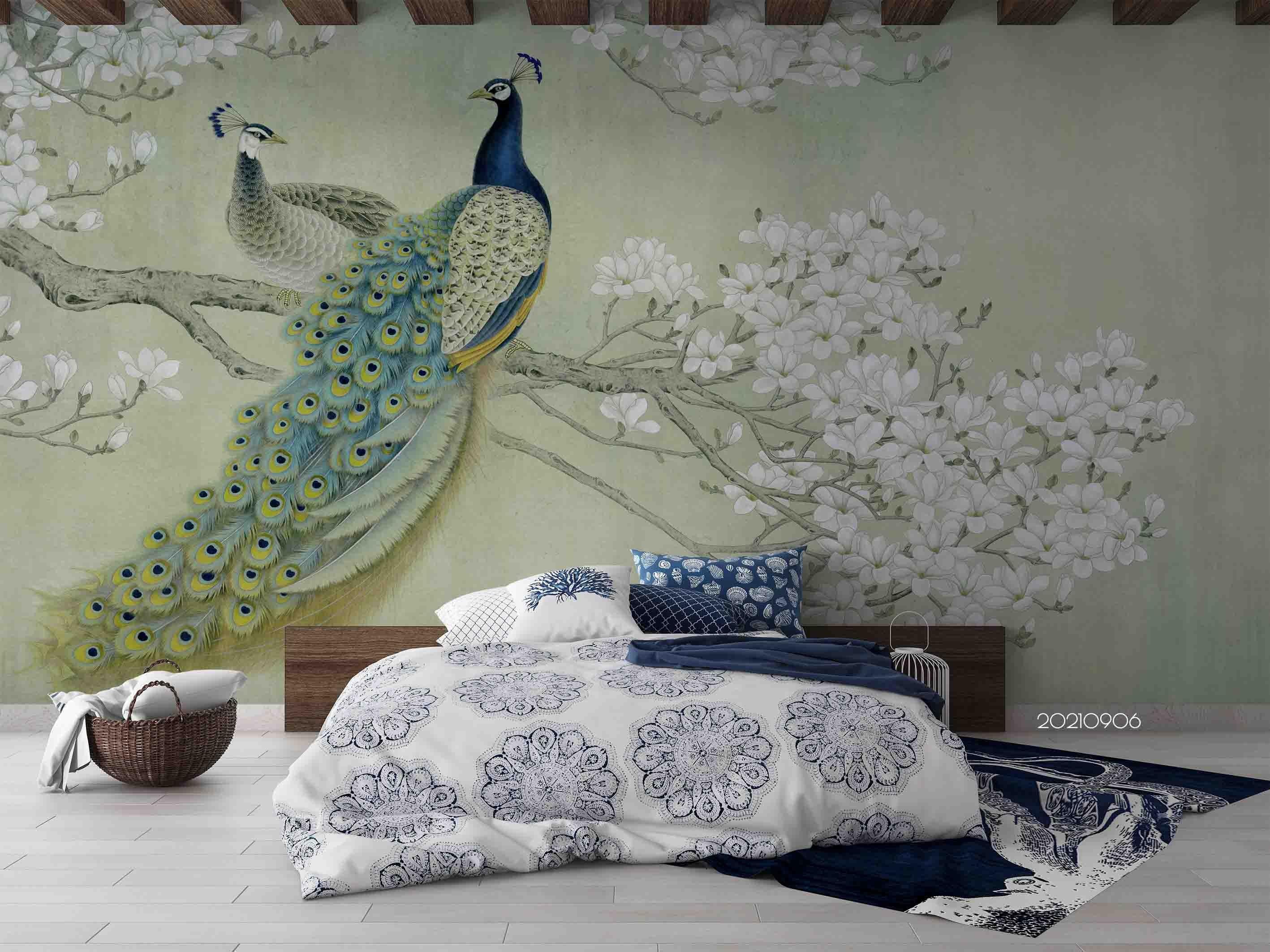 3D Animal Peacock Floral Wall Mural Wallpaper LQH 596- Jess Art Decoration