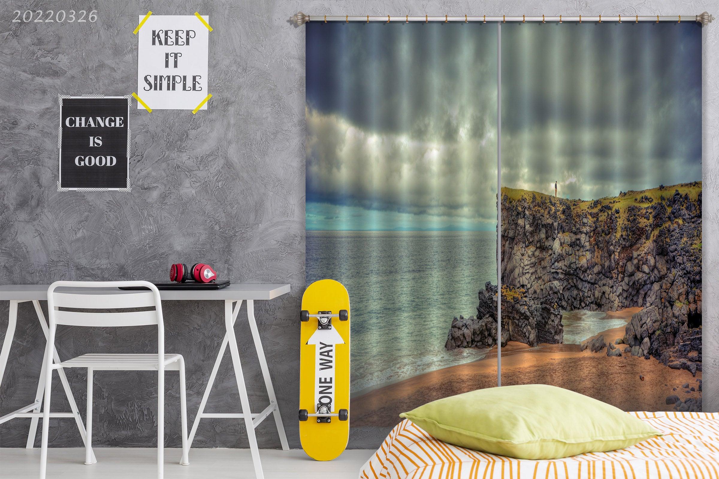 3D Sea Beach Rock Dark Cloud Curtains and Drapes GD 2962- Jess Art Decoration