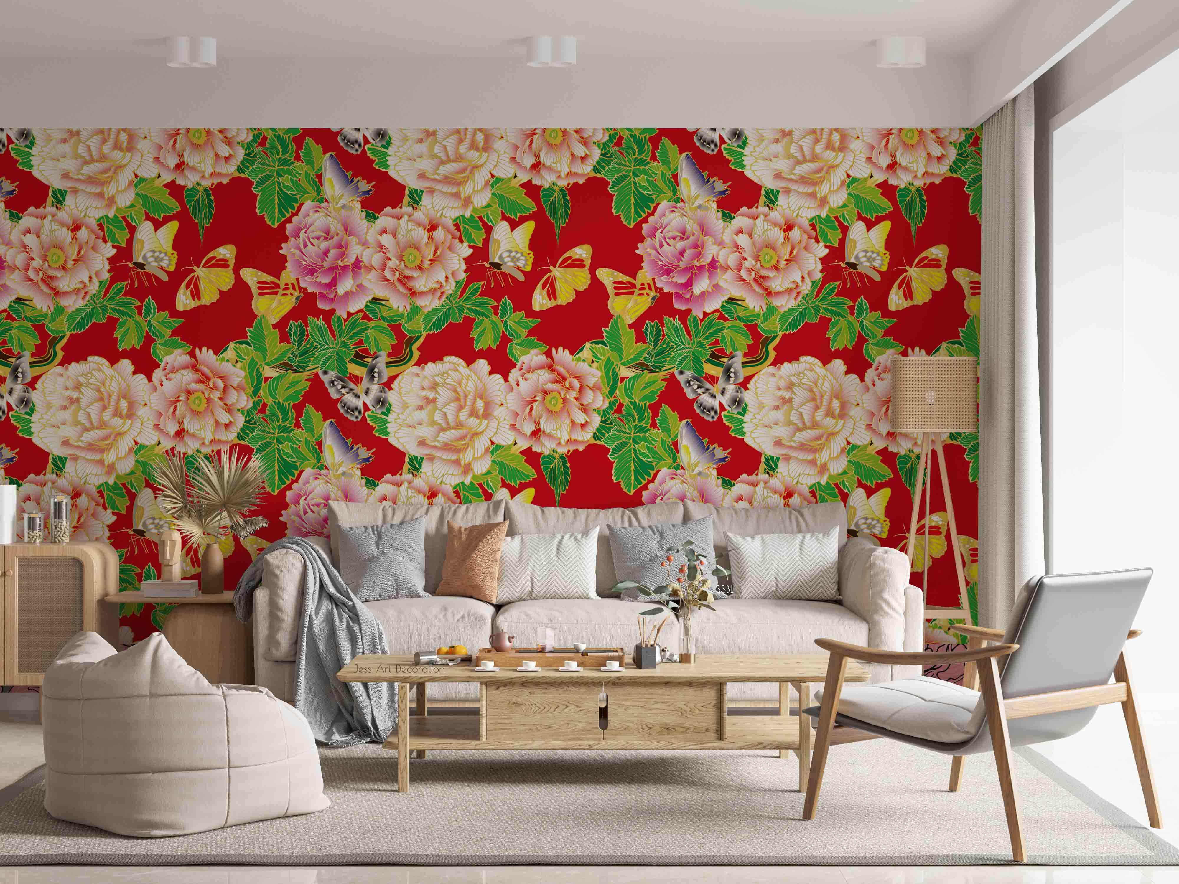 3D Vintage Blooming Pink Peony Leafy Butterfly Pattern Wall Mural Wallpaper GD 3669- Jess Art Decoration