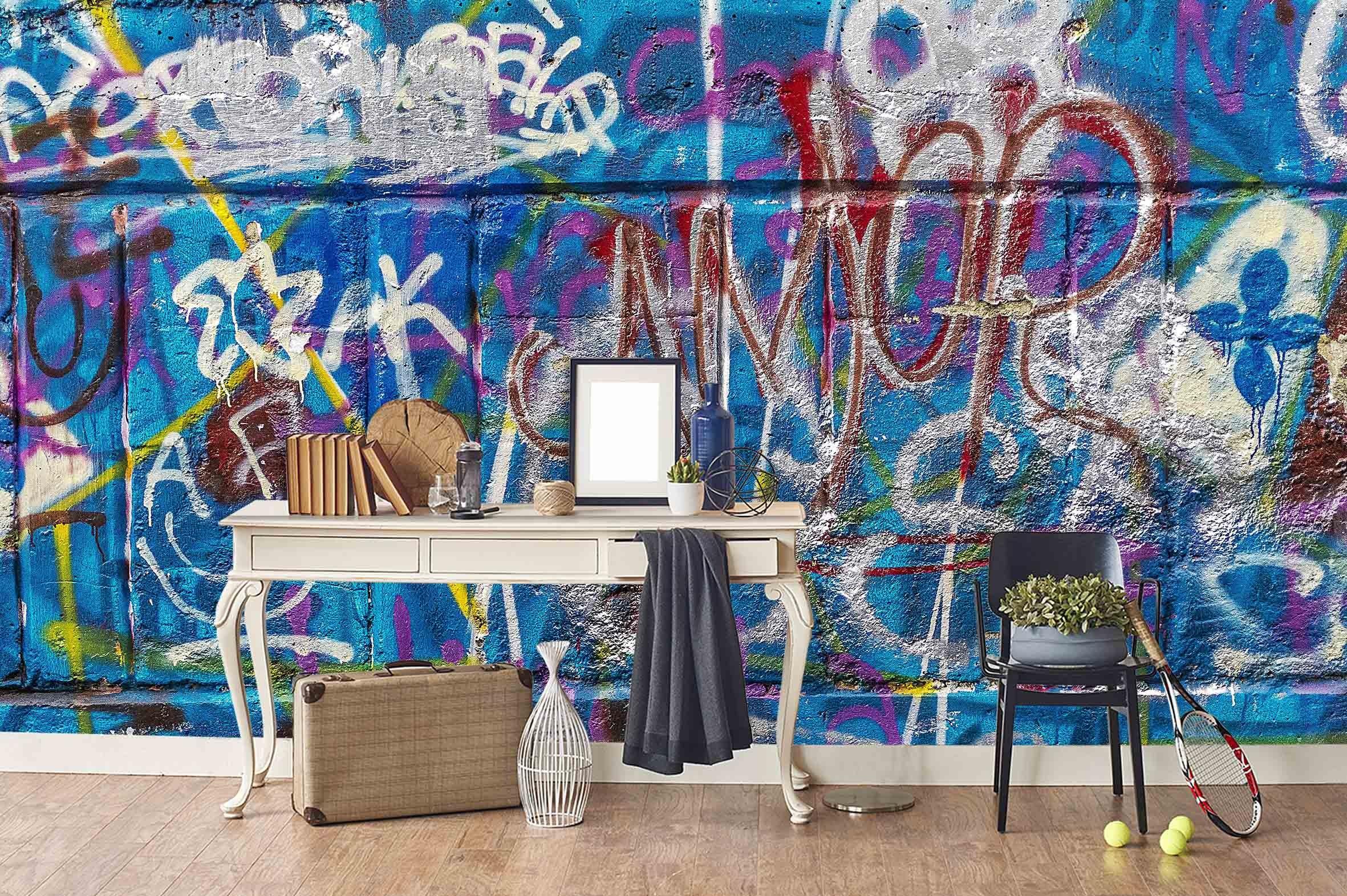 3D Brick Abstract Blue Graffiti Wall Mural Wallpaper 156- Jess Art Decoration
