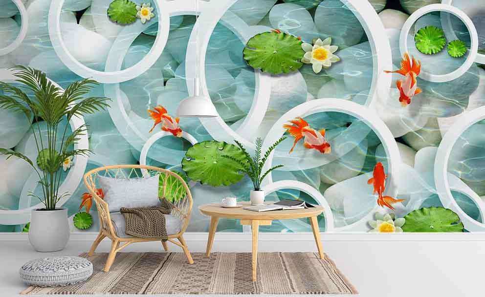 3D Pond Lotus Carp Wall Mural Wallpaper 133- Jess Art Decoration