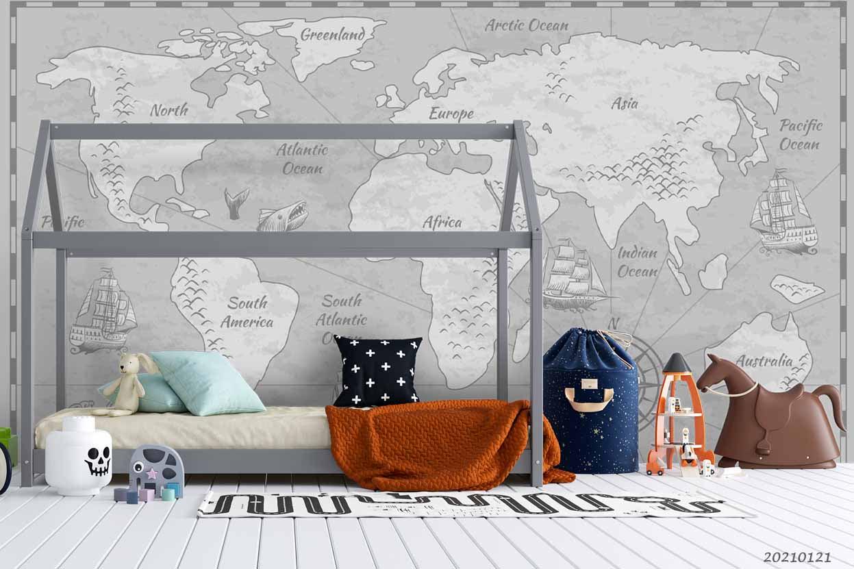 3D Hand Drawn Grey World Map Wall Mural Wallpaper LQH 36- Jess Art Decoration