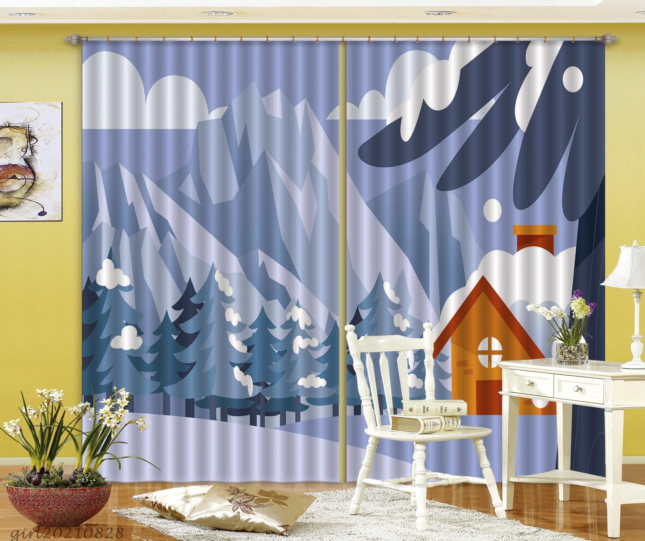 3D Winter Snow Mountain Forest Landscape Curtains and Drapes LQH 29- Jess Art Decoration
