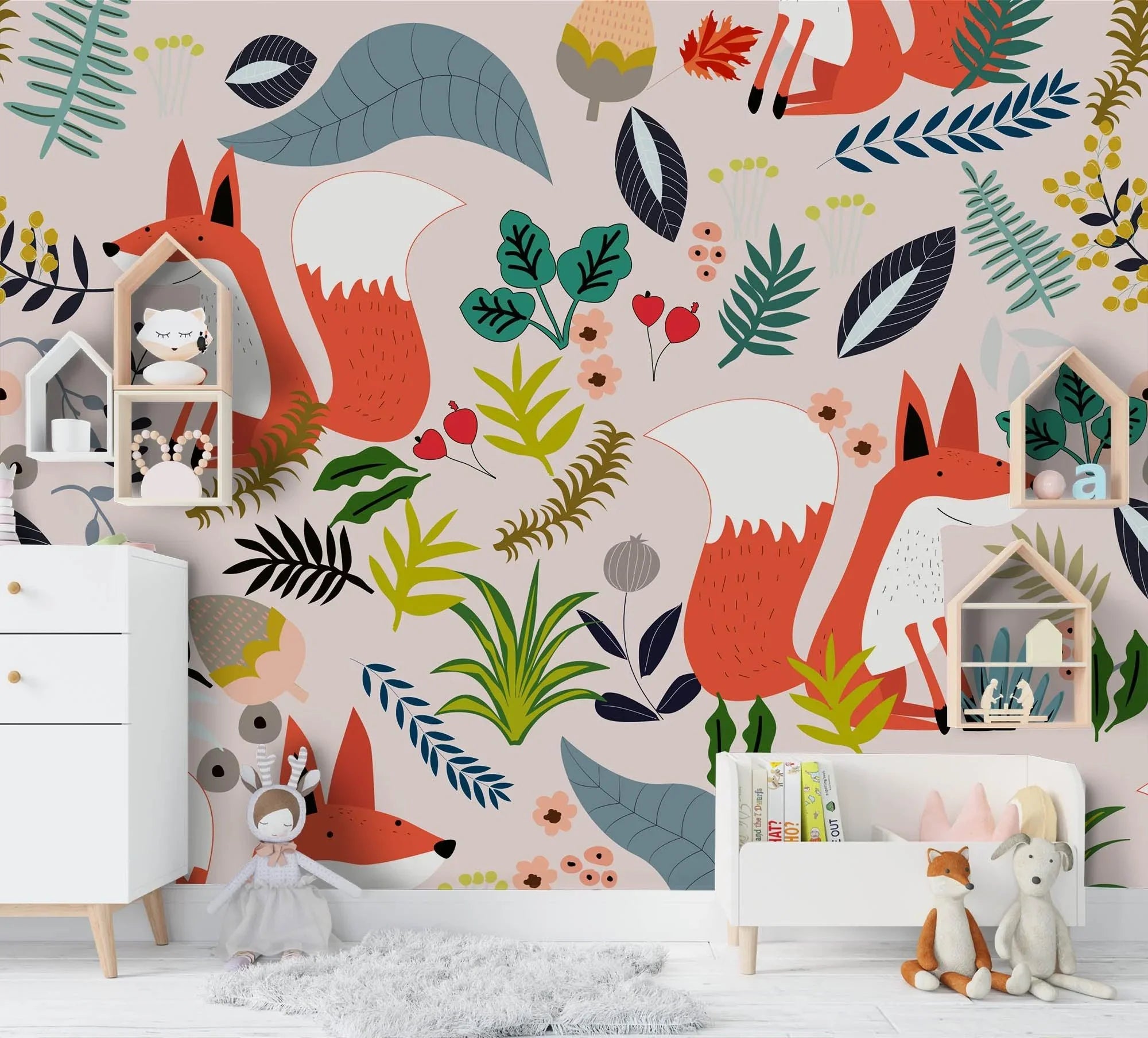 3D Fox Floral Leaves Wall Mural Wallpaper SF37- Jess Art Decoration