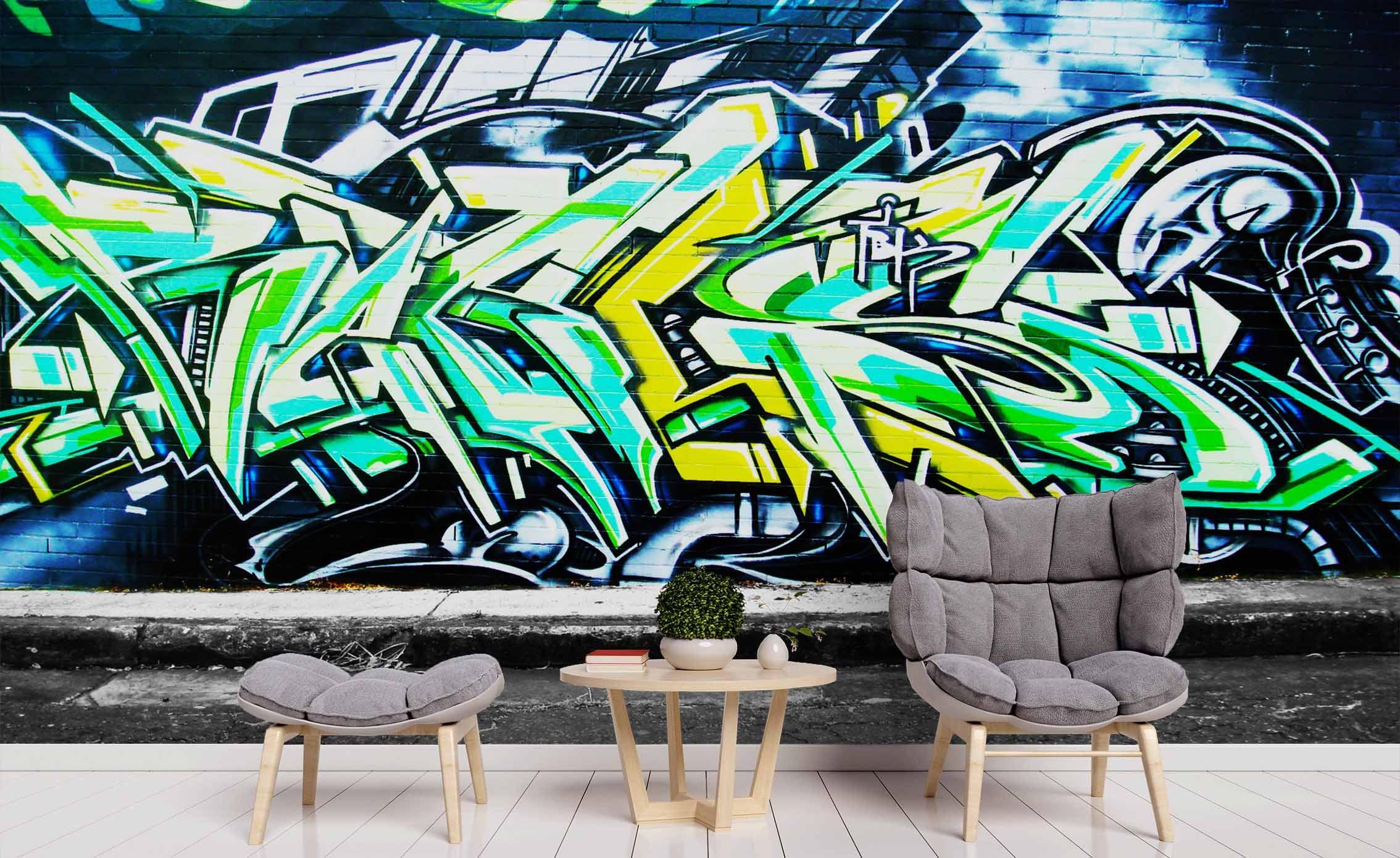 3D Blue Green Kerbside Graffiti Art Wall Mural Wallpaper ZY D50- Jess Art Decoration