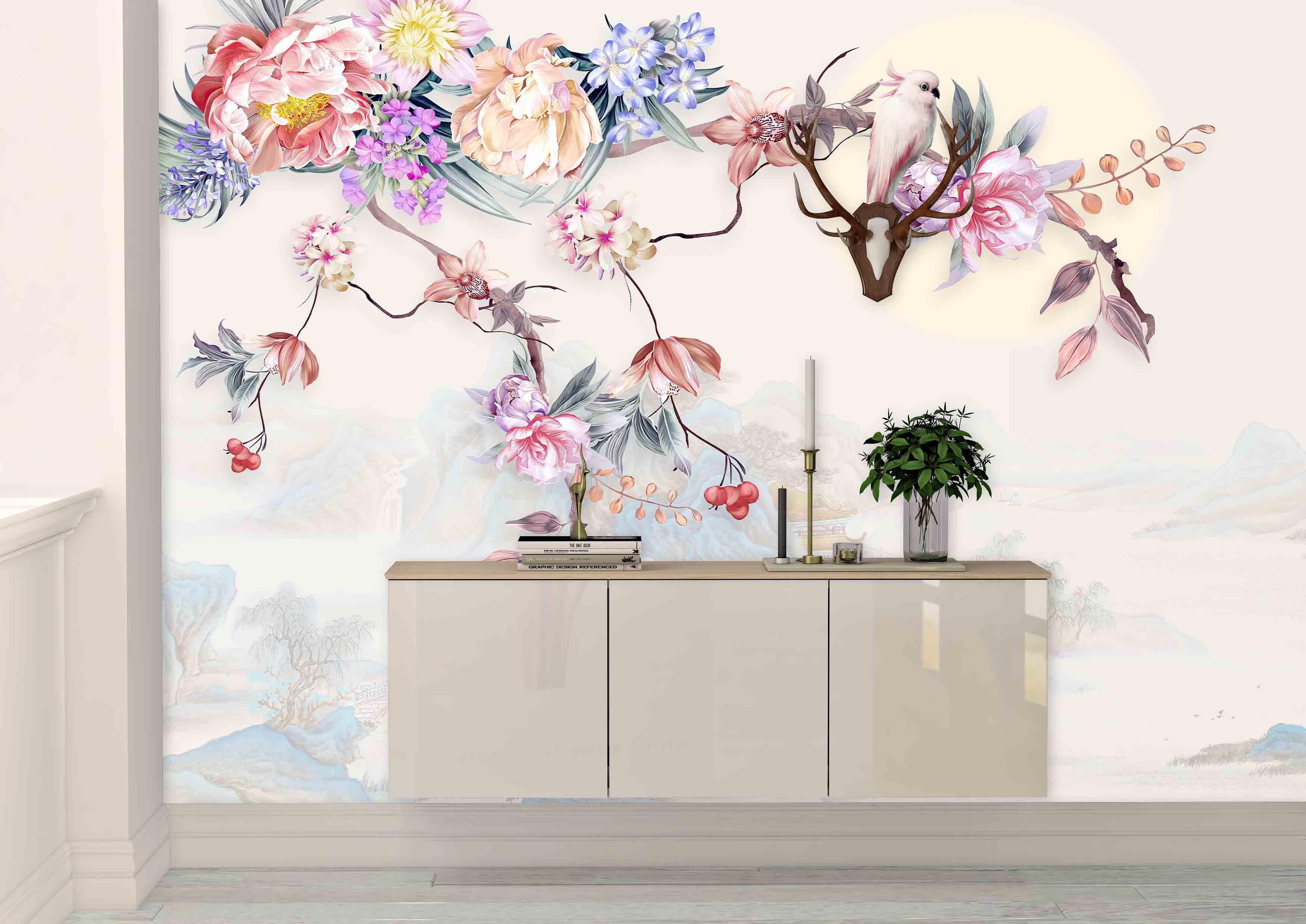 3D Floral Mountain Bird Wall Mural Wallpaper 25- Jess Art Decoration