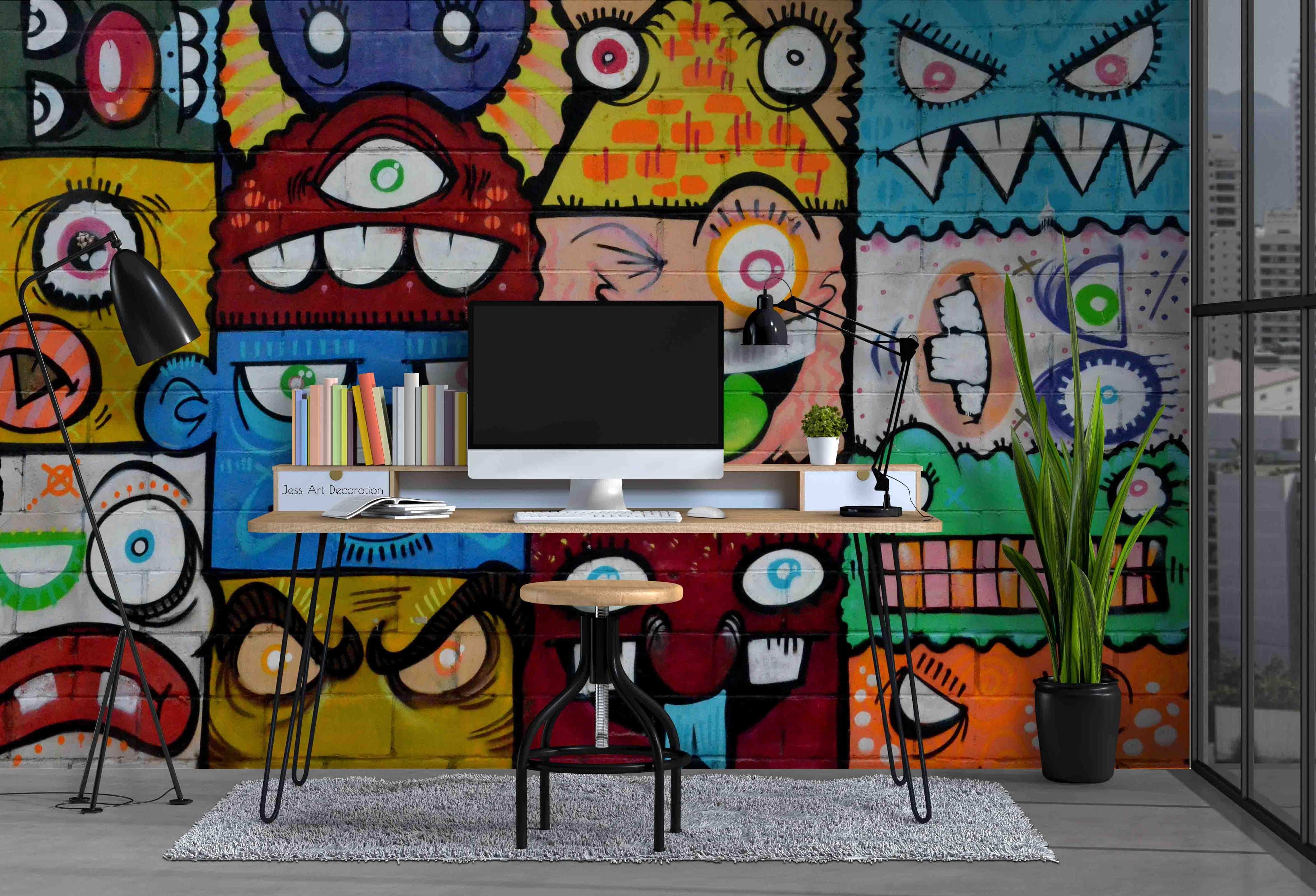3D Strange Face Graffiti colourful strange face graffiti wall mural wallpaper for kids room - view 2