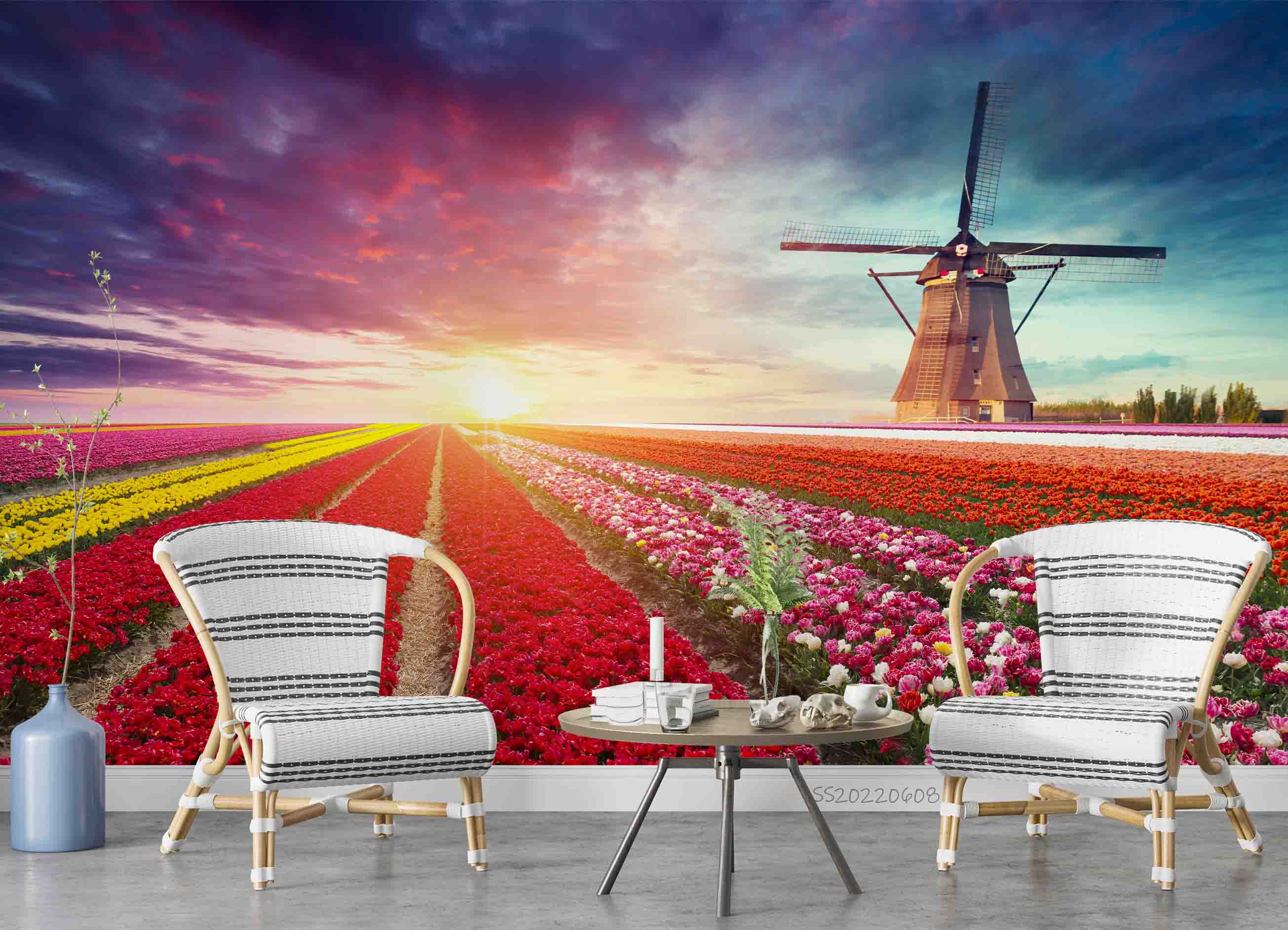 3D Colorful Flower Field Windmill Sunset Scenery Wall Mural Wallpaper GD 568- Jess Art Decoration