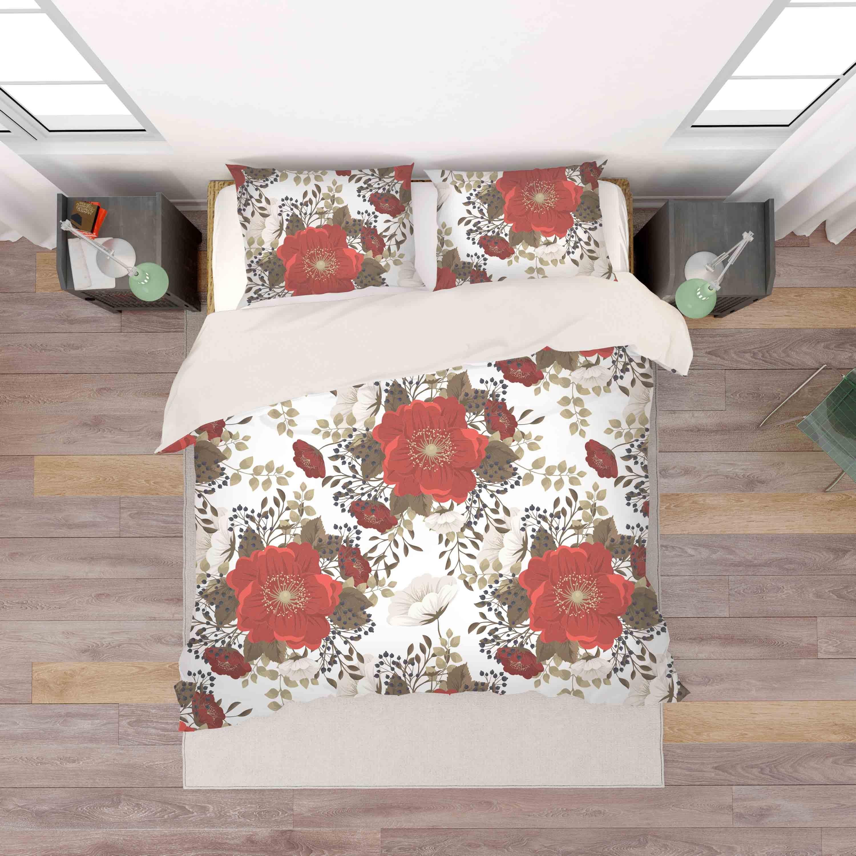 3D White Red Floral Quilt Cover Set Bedding Set Pillowcases 49- Jess Art Decoration