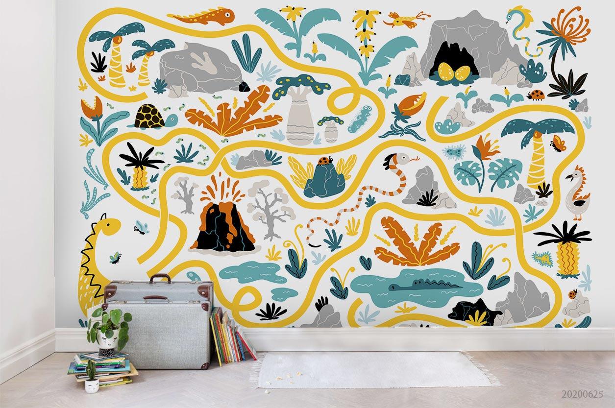 3D Cartoon Leaf Map Animal Tree Wall Mural Wallpaper A233 LQH- Jess Art Decoration