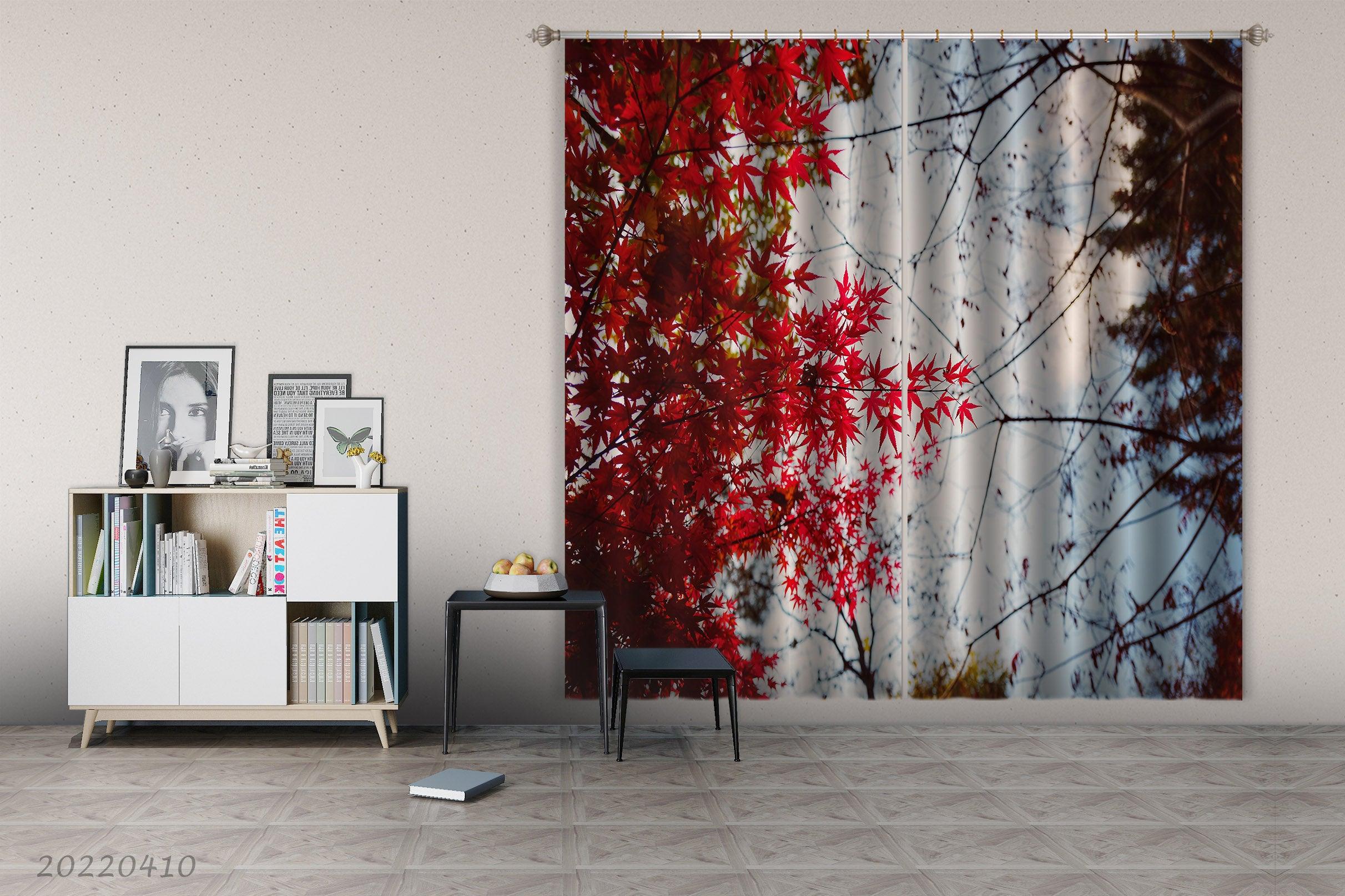 3D Autumn Red Maple Leaf Woods Branch Curtains and Drapes GD 3811- Jess Art Decoration