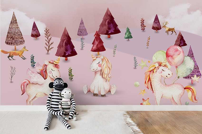 3D Pink Pine Tree Unicorn Wall Mural Wallpaper 12- Jess Art Decoration
