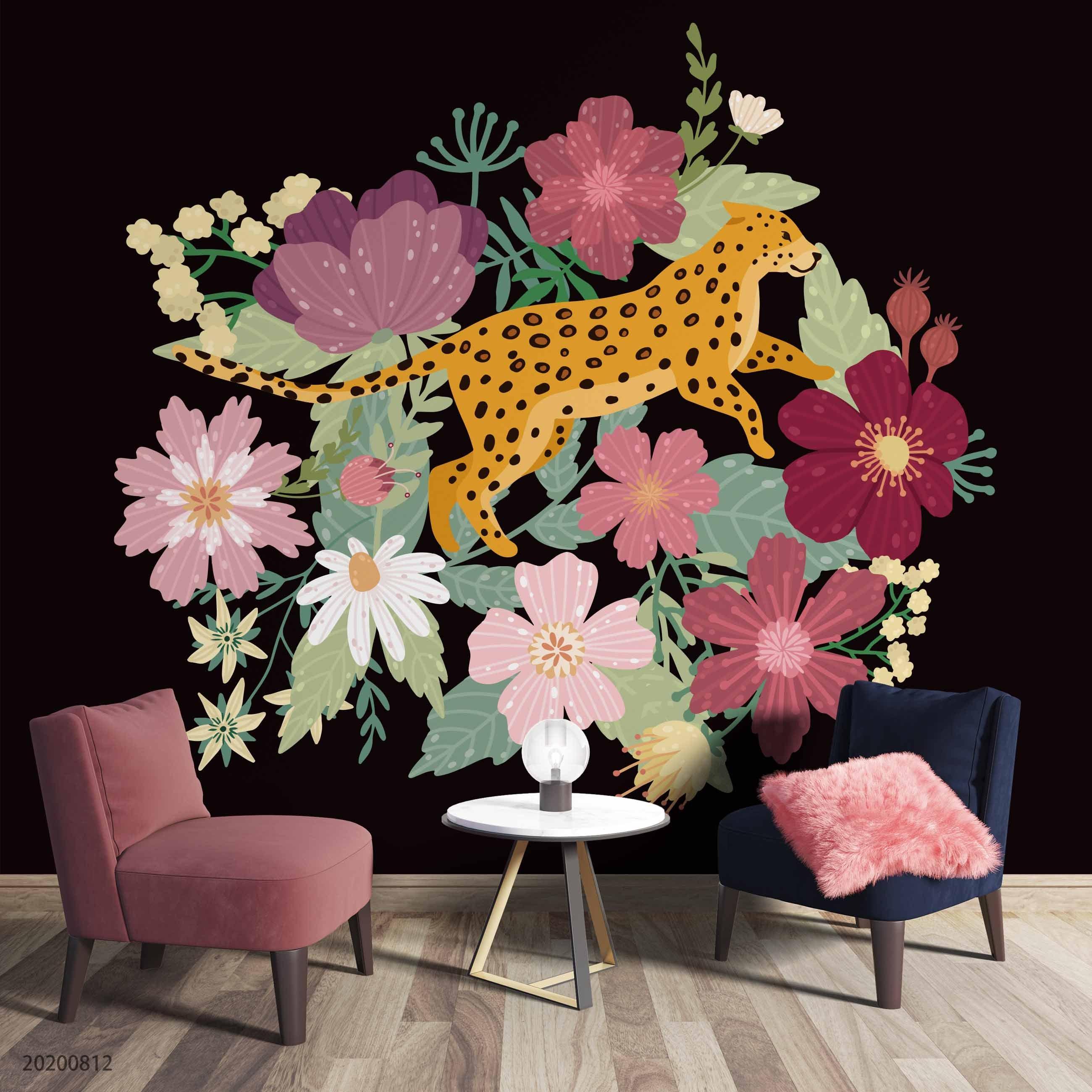 3D Hand Sketching Colorful Floral Leopard Wall Mural Wallpaper LXL 1093- Jess Art Decoration