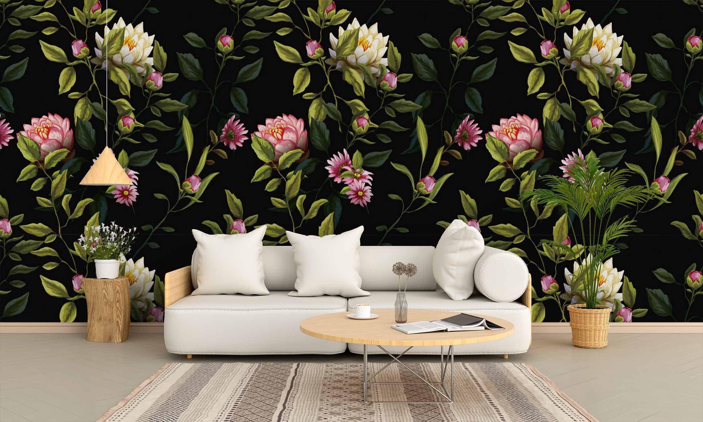 3D Black Pink Yellow Flowers Wall Mural Wallpaper SF111- Jess Art Decoration