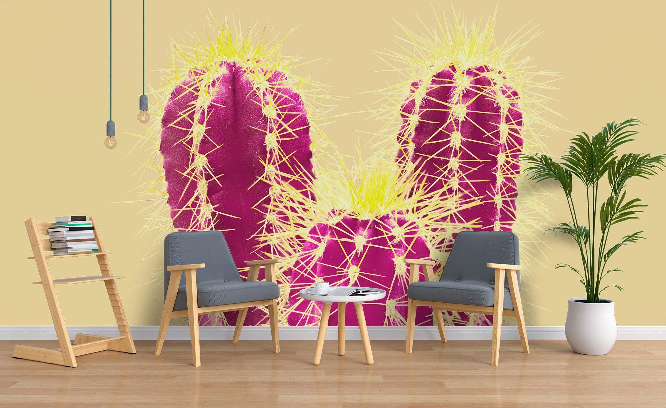 3D Pink Cactus Yellow Background Wall Mural Wallpaper 86 LQH- Jess Art Decoration