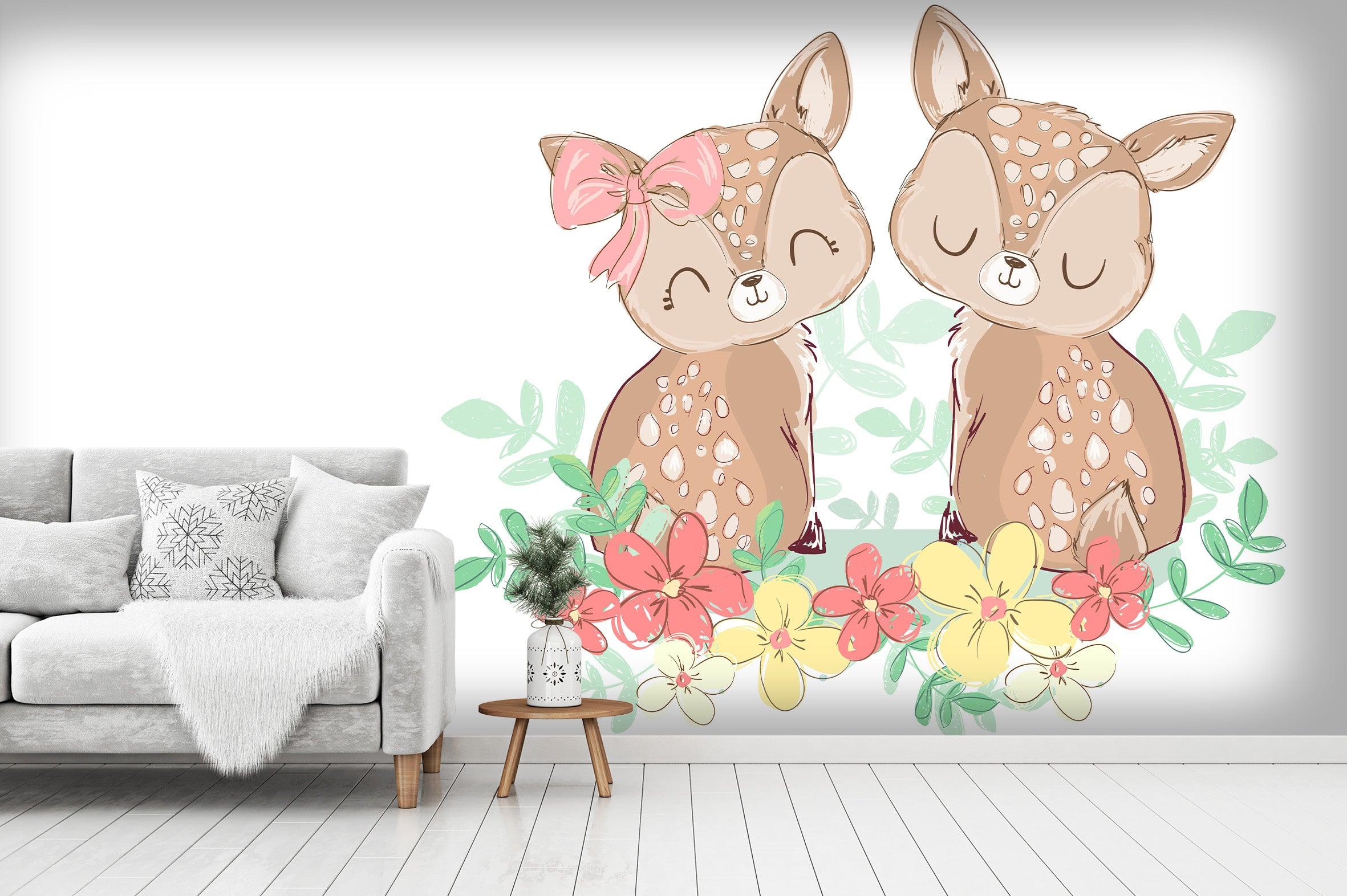 3D cartoon sika deer couple wall mural wallpaper 63- Jess Art Decoration