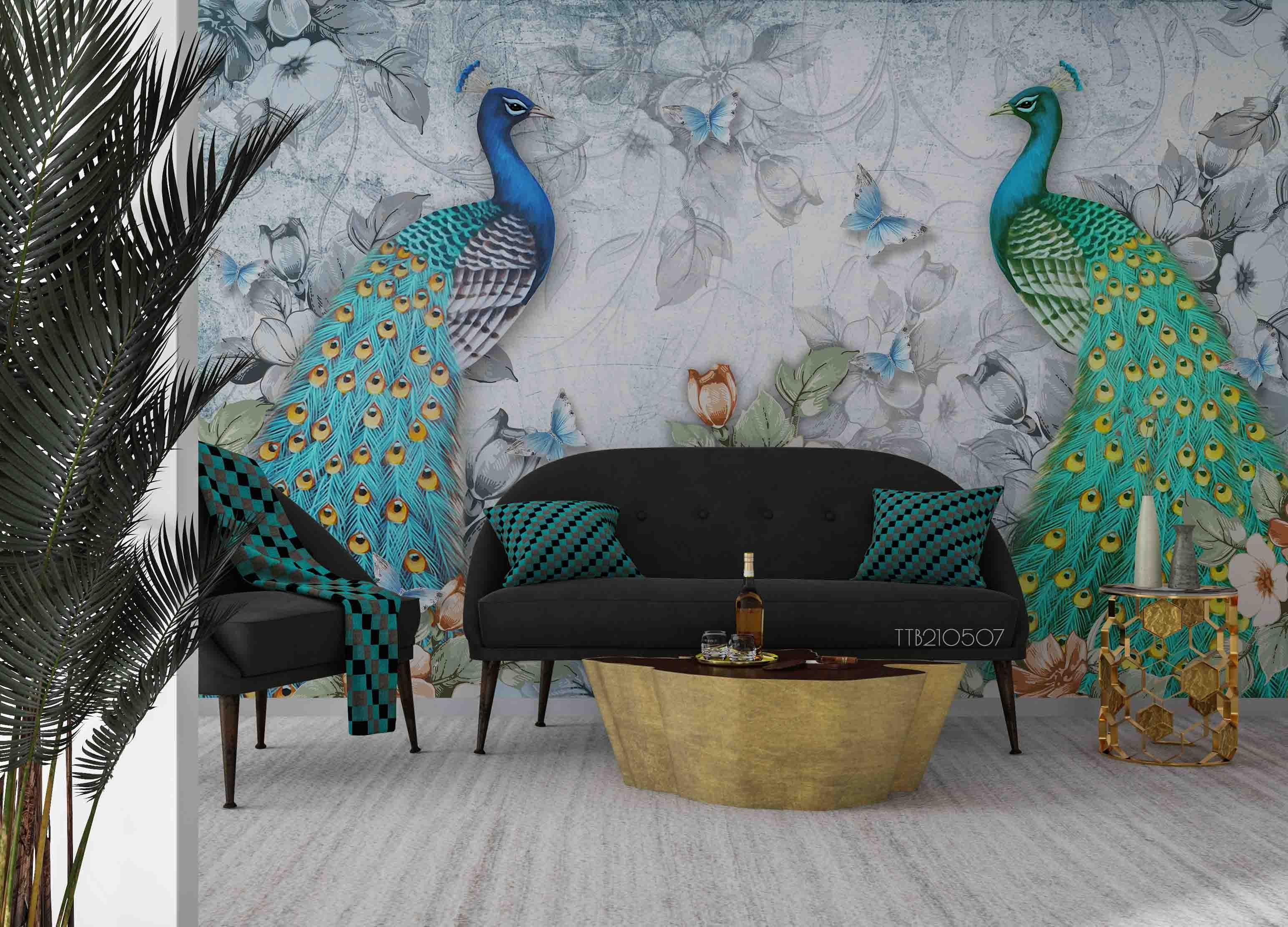 3D Hand Drawn Retro Nostalgic Blue Green Peacock Flower Butterfly Background Wall Mural Wallpaper GD 1894- Jess Art Decoration