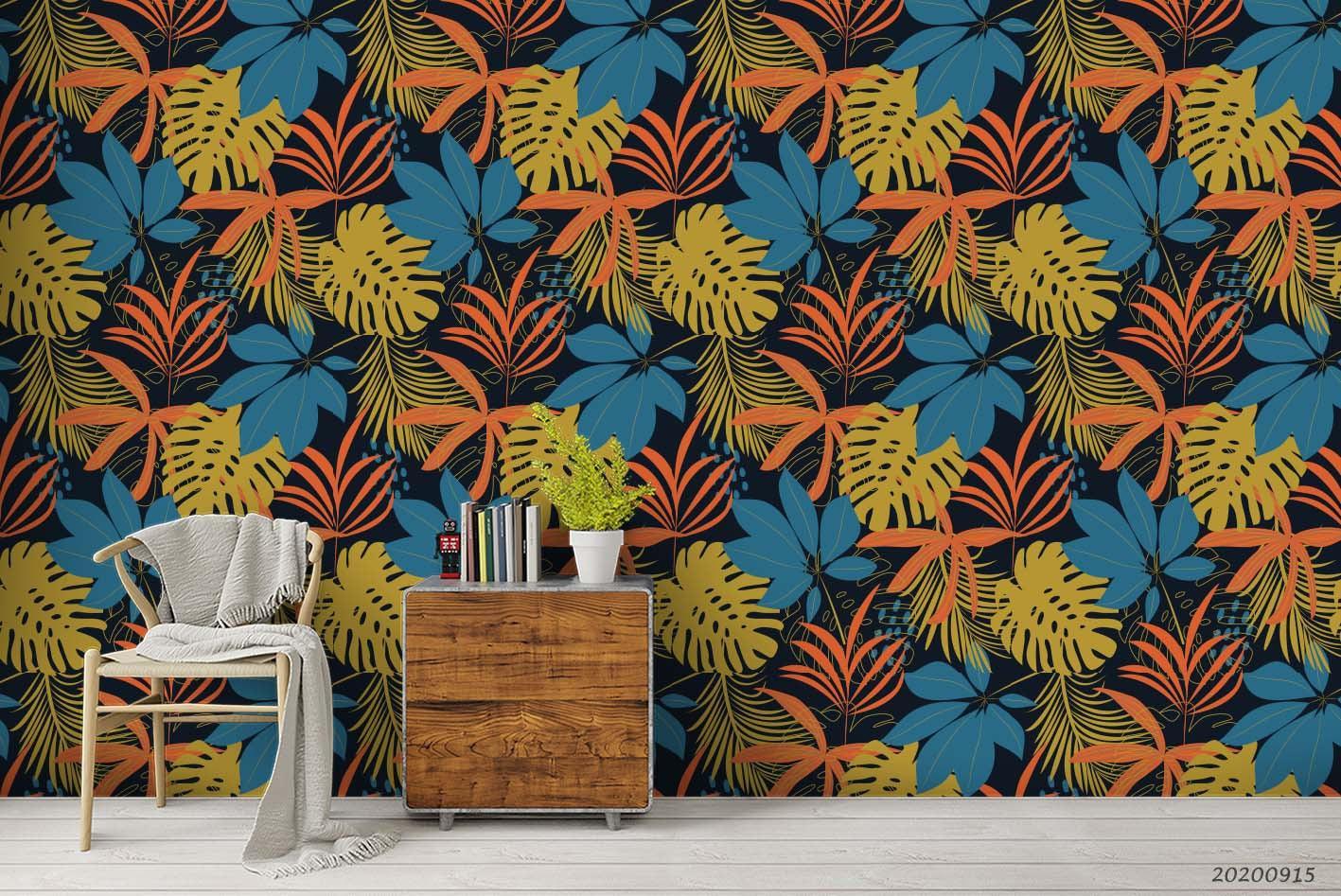 3D Hand Drawn Blue Leaves Plant Pattern Wall Mural Wallpaper LXL 243- Jess Art Decoration