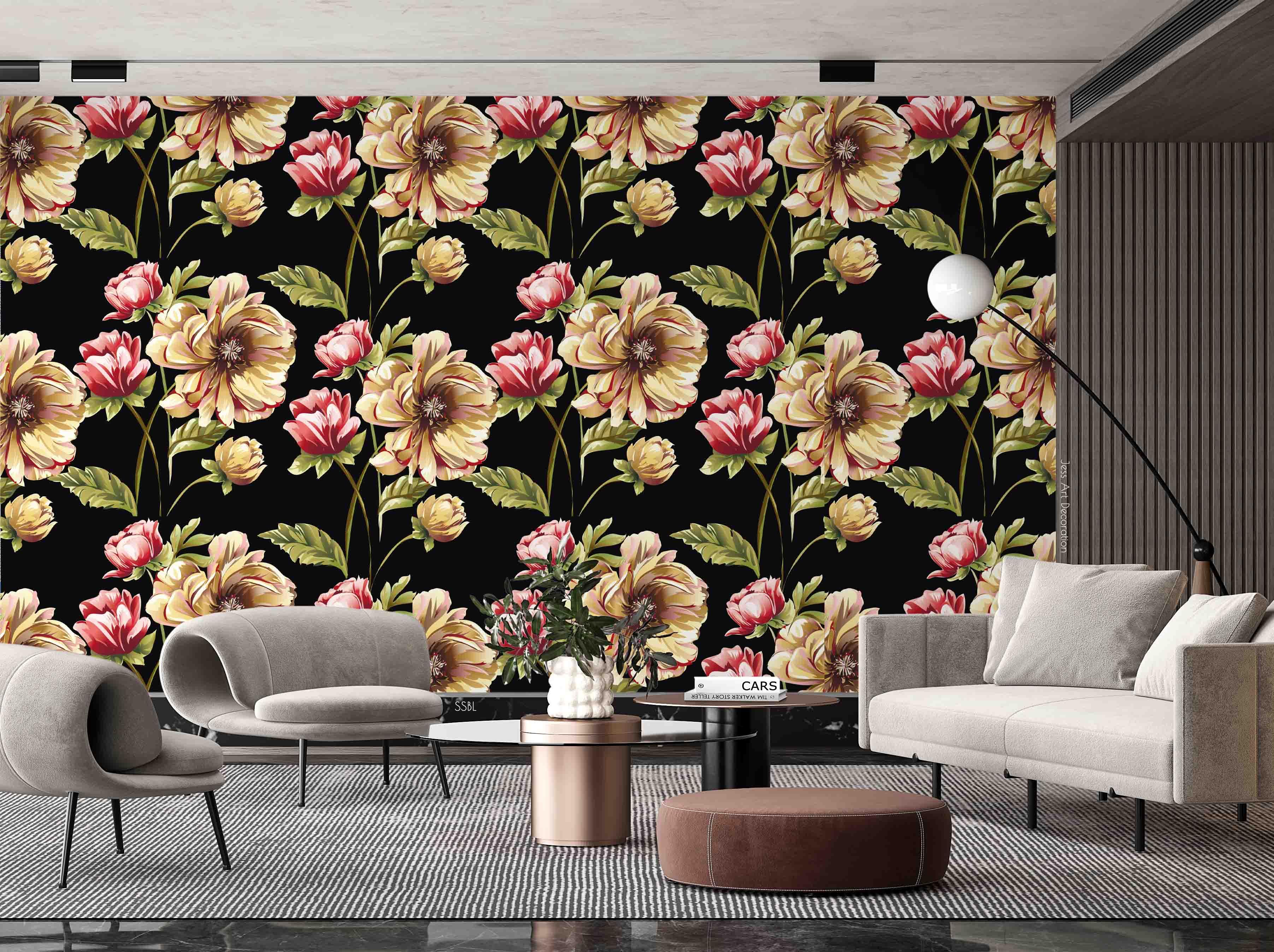 3D Vintage Baroque Art Blooming Peony Black Background Wall Mural Wallpaper GD 3633- Jess Art Decoration