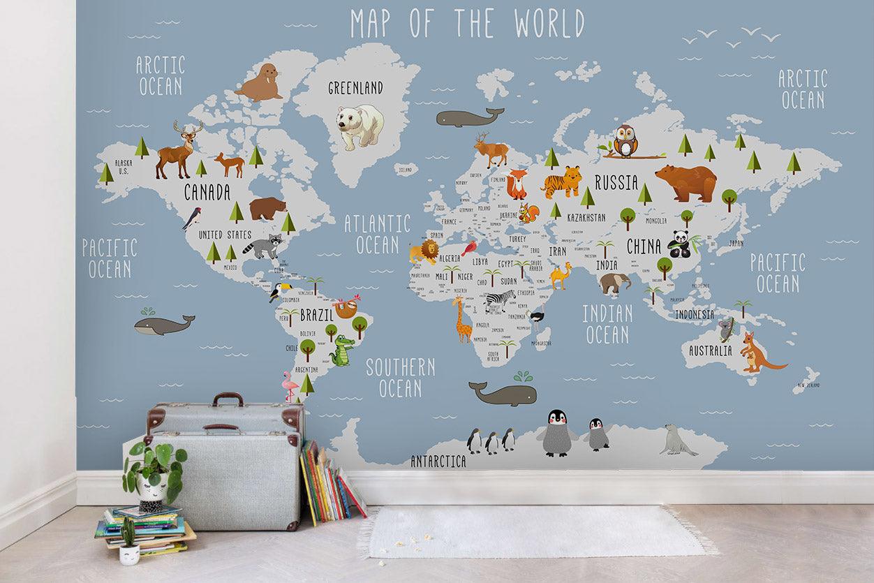 3D Cartoon Blue World Map Wall Mural Wallpaper LQH 32- Jess Art Decoration