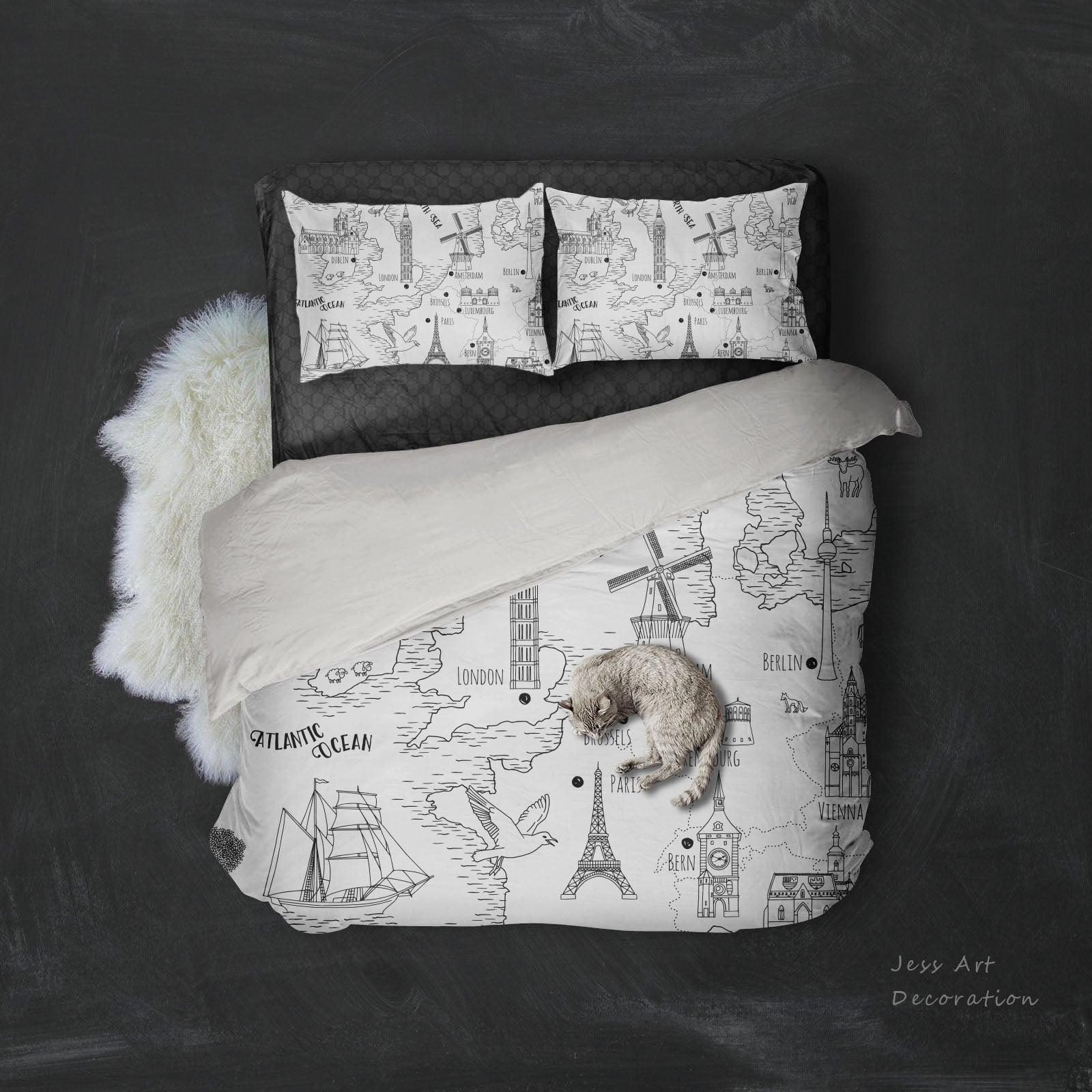 3D Eiffel Tower Big Ben Sailboat Map Quilt Cover Set Bedding Set Pillowcases 142- Jess Art Decoration